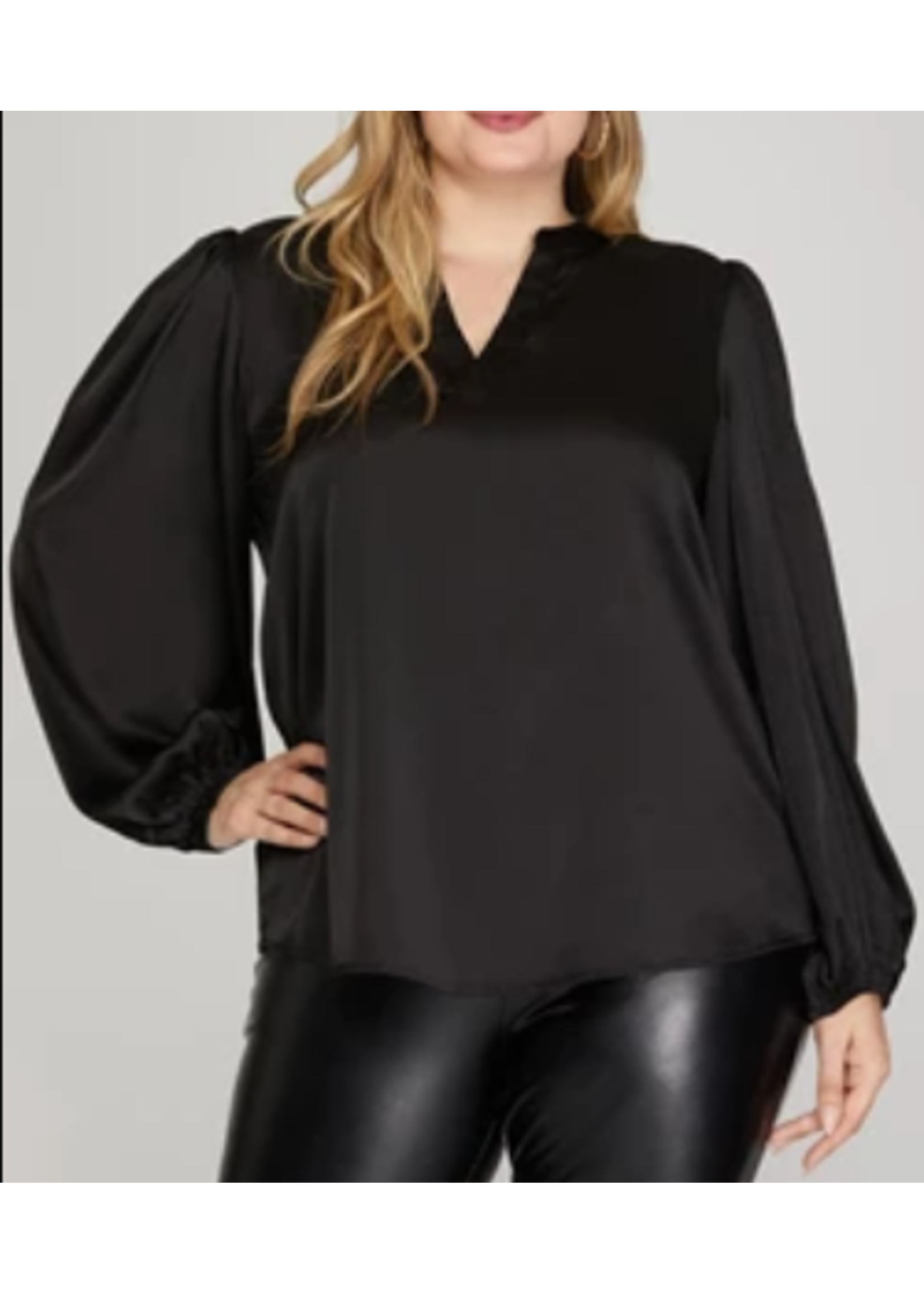 SSPSY5184 PLUS LONG PUFF SLEEVE VNECK SATIN TOP BLUSH Guam