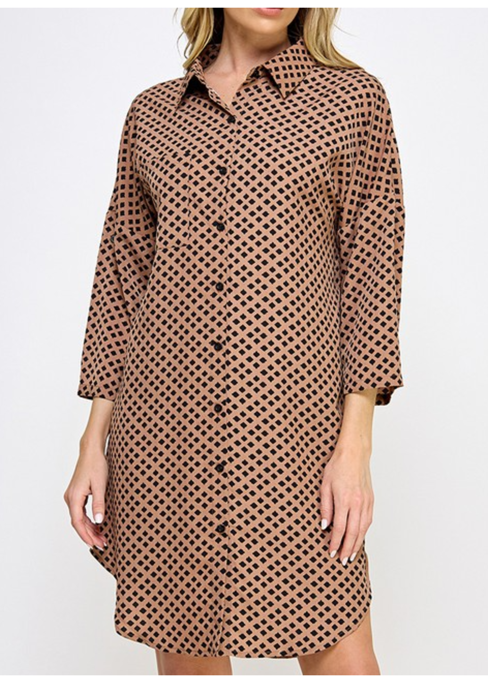 SNS26056 - Roll Tab Sleeved Button Down Printed Dress