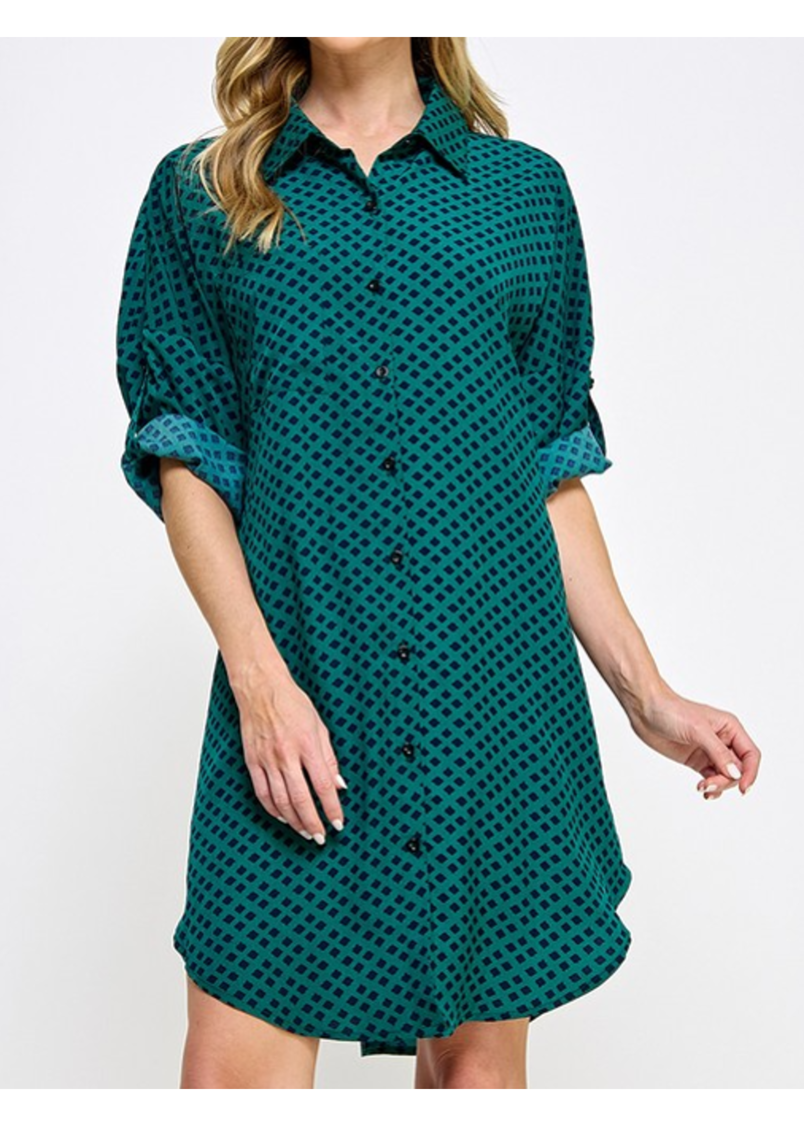 SNS26056 - Roll Tab Sleeved Button Down Printed Dress