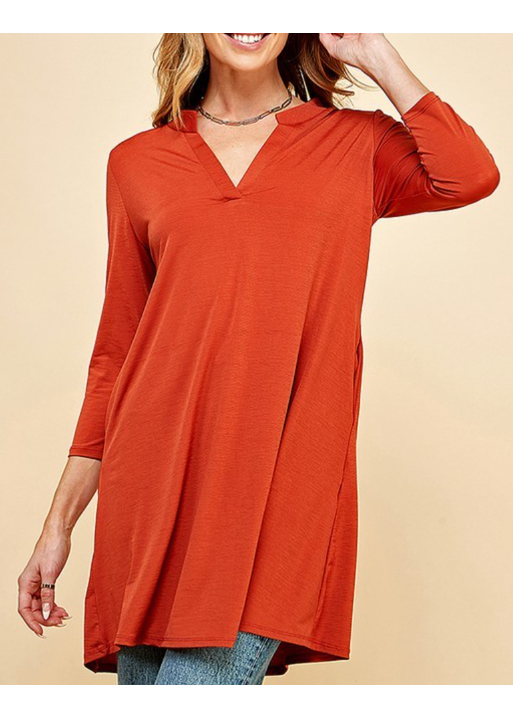 SAQ2019 - SOLID 3/4 SLEEVE MOCH V NECK TUNIC DRESS