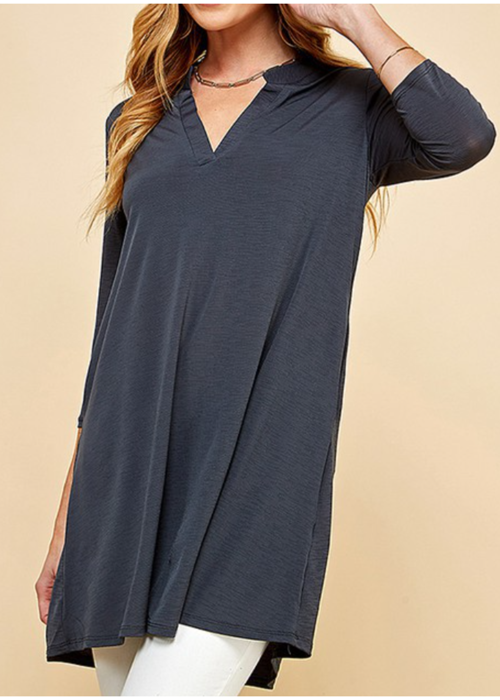 SAQ2019 - SOLID 3/4 SLEEVE MOCH V NECK TUNIC DRESS