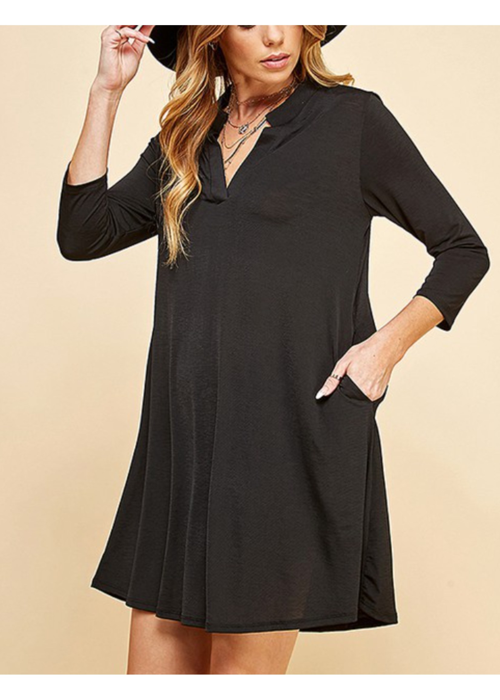 SAQ2019 - SOLID 3/4 SLEEVE MOCH V NECK TUNIC DRESS