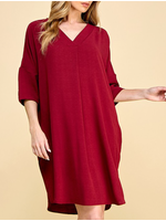 SASPD782 - WOMEN SOLID V NECK 3/4 SLEEVE LOOSE FIT SHIFT DRESS