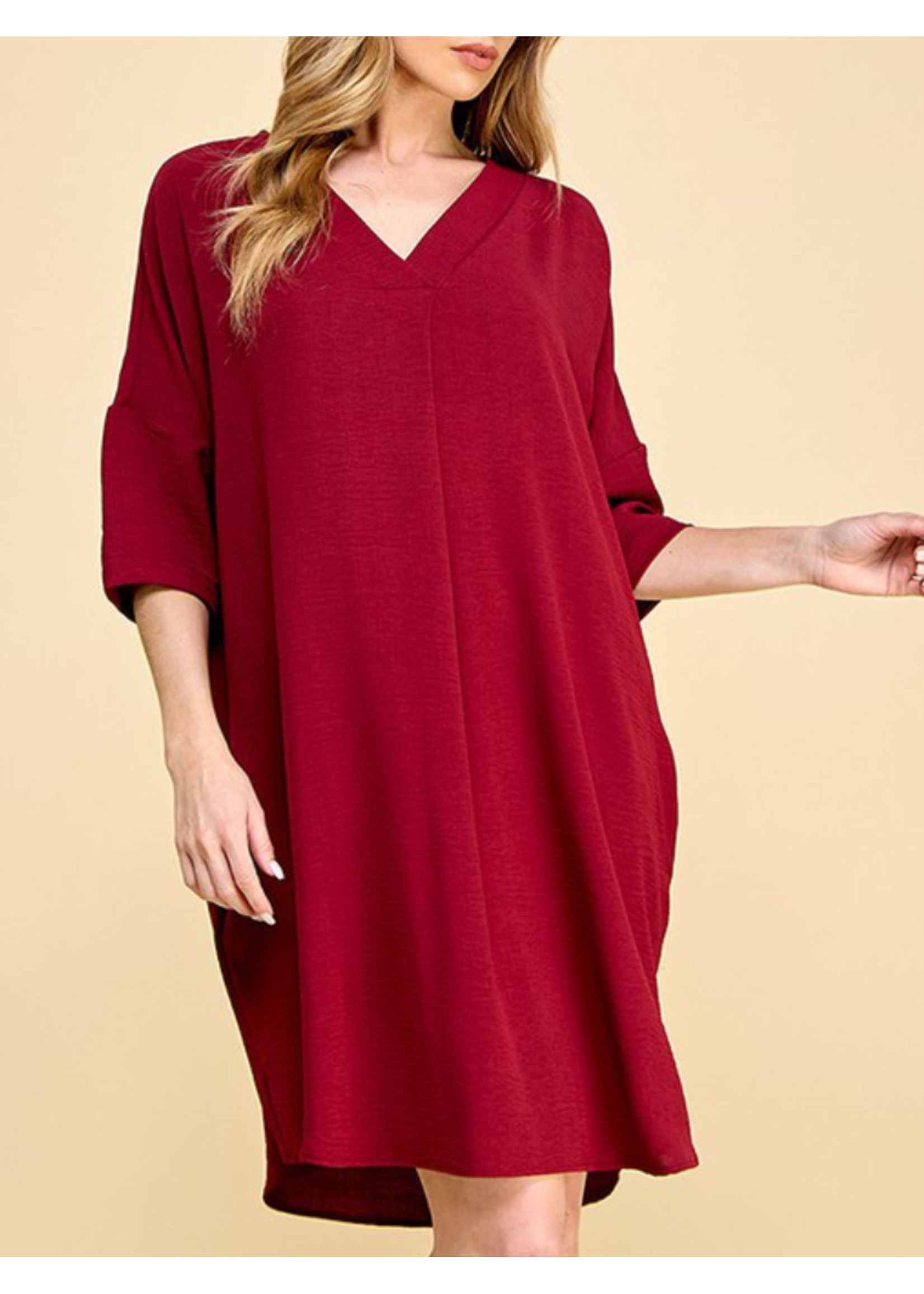 SASPD782 - WOMEN SOLID V NECK 3/4 SLEEVE LOOSE FIT SHIFT DRESS