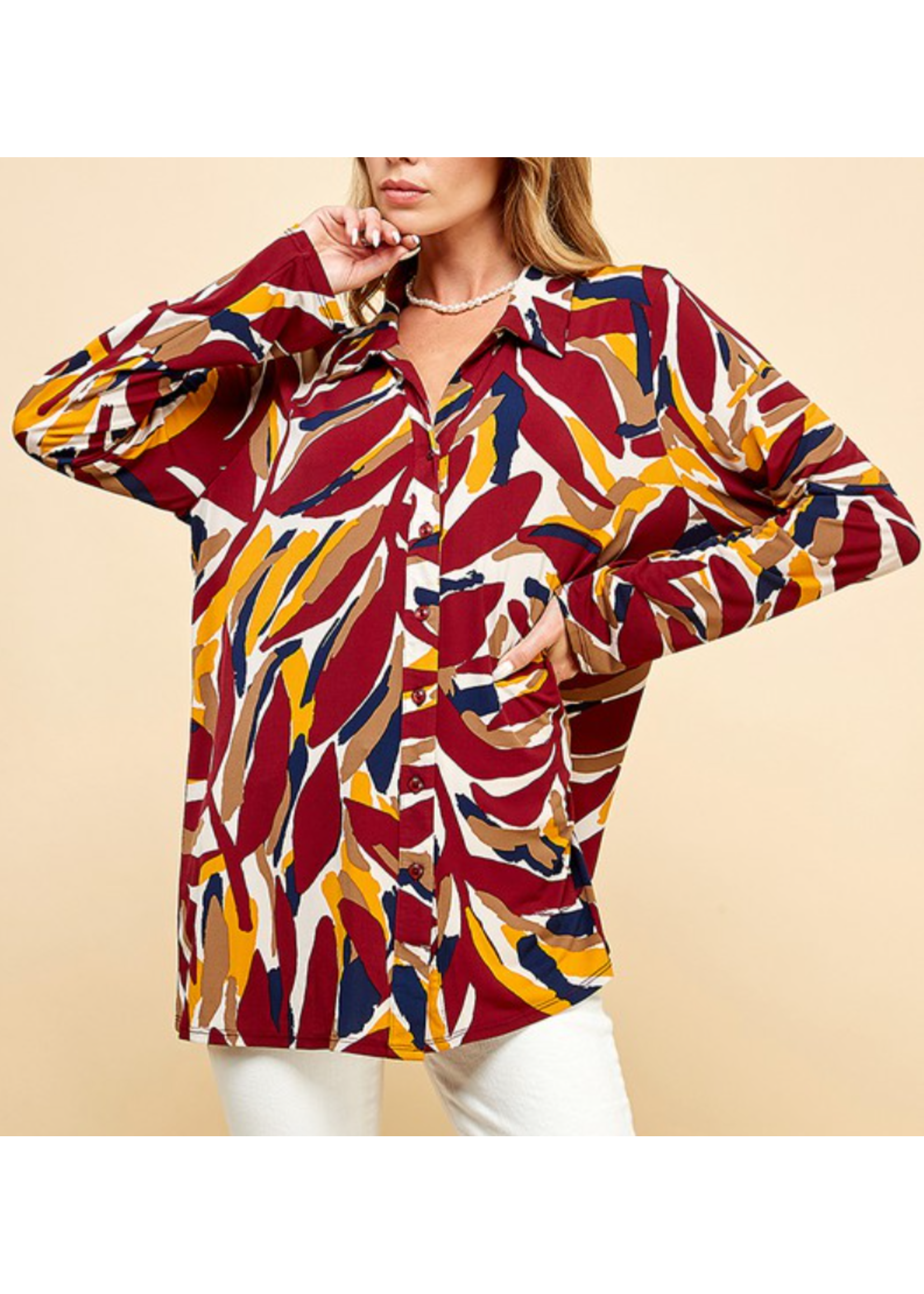 SAT5208 - MULTI COLOR BUTTON UP COLLAR LOOSE FIT BLOUSE