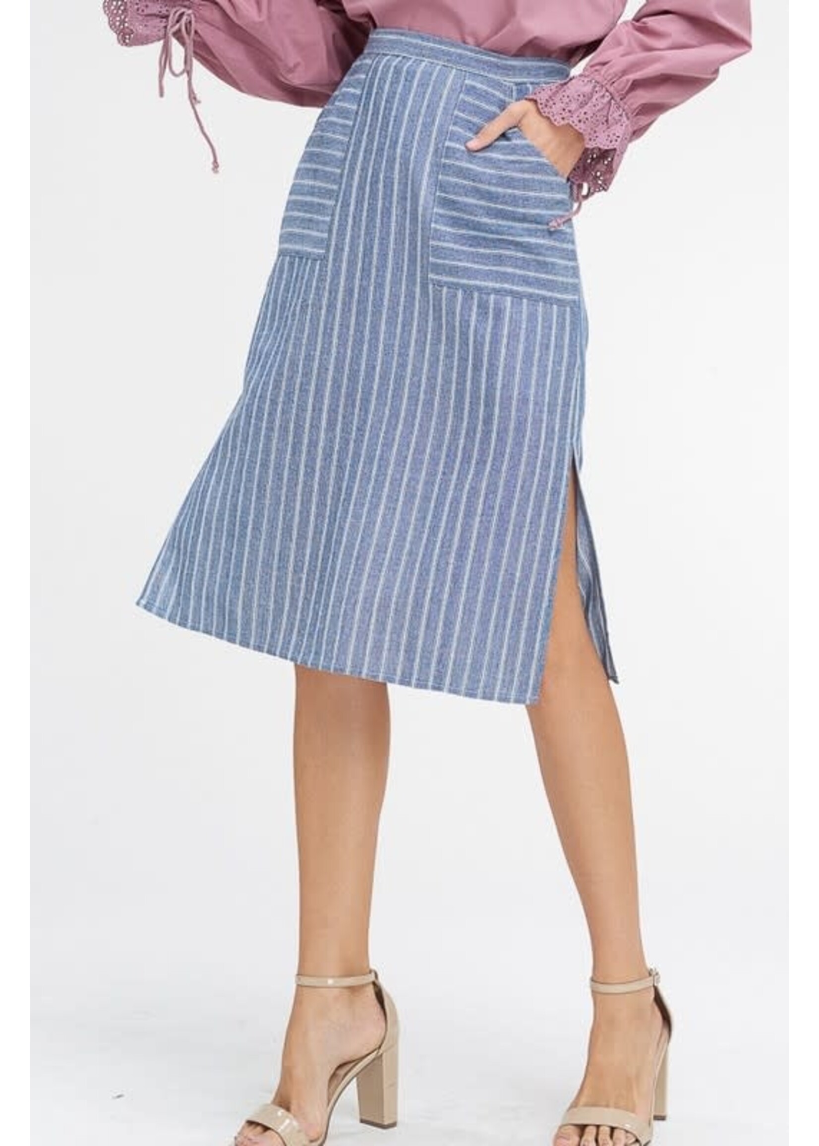 LELSK0088 - PINNED STRIPED MIDID SKIRT