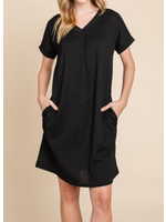 BBD1518 - SOLID CRINKLE V-NECK SHIFT DRESS