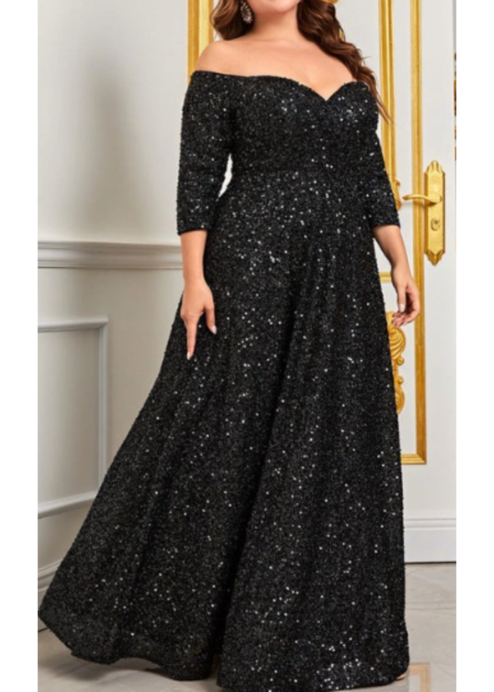 DEFSWD0427 - PLUS 3/4 SLEEVE OFF SHOULDER SEQUINNED EVENING GOWN
