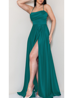 MNMF21718 - SPAGHETTI THIN STRAP GOWN W HIGH  SLIT AND CORSET TIE BACK