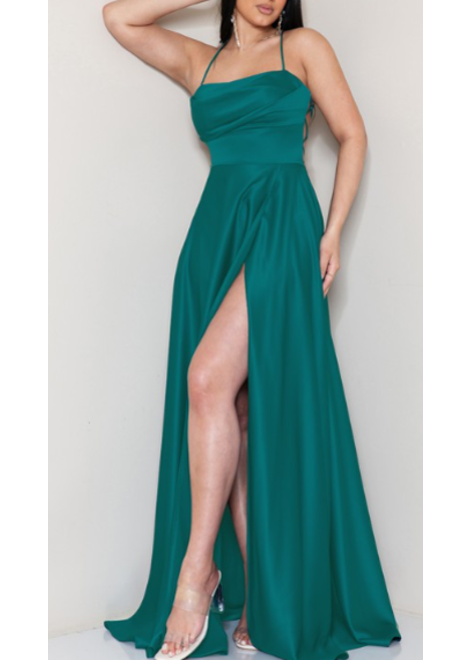MNMF21718 - SPAGHETTI THIN STRAP GOWN W HIGH  SLIT AND CORSET TIE BACK