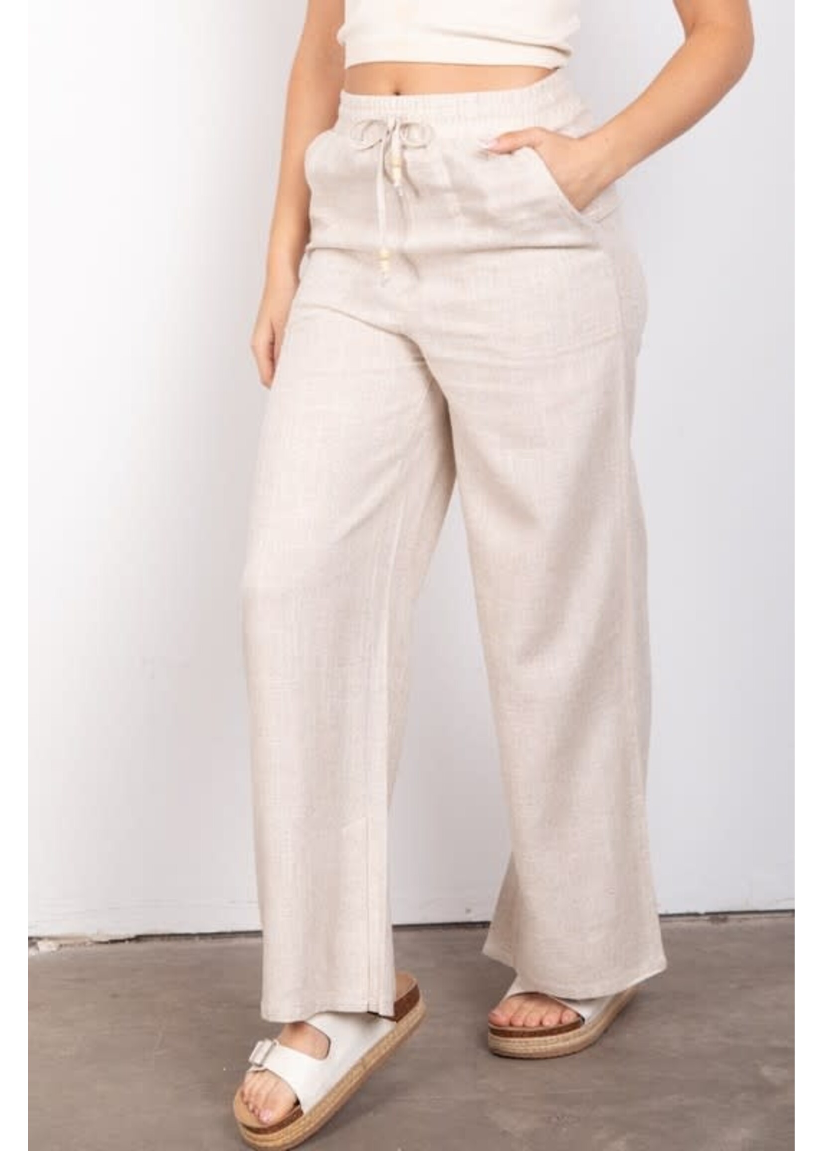 SAP818 - Elastic Waist Solid Linen Comfy Wide Pants