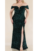 MANUN2186 - OFF SHOULDER SLIT SEQUIN VELVET  EVENING GOWN