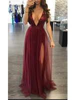 17YJL1040P - SEQUINT BUST BODICE GOWN WITH HIGH SLIT