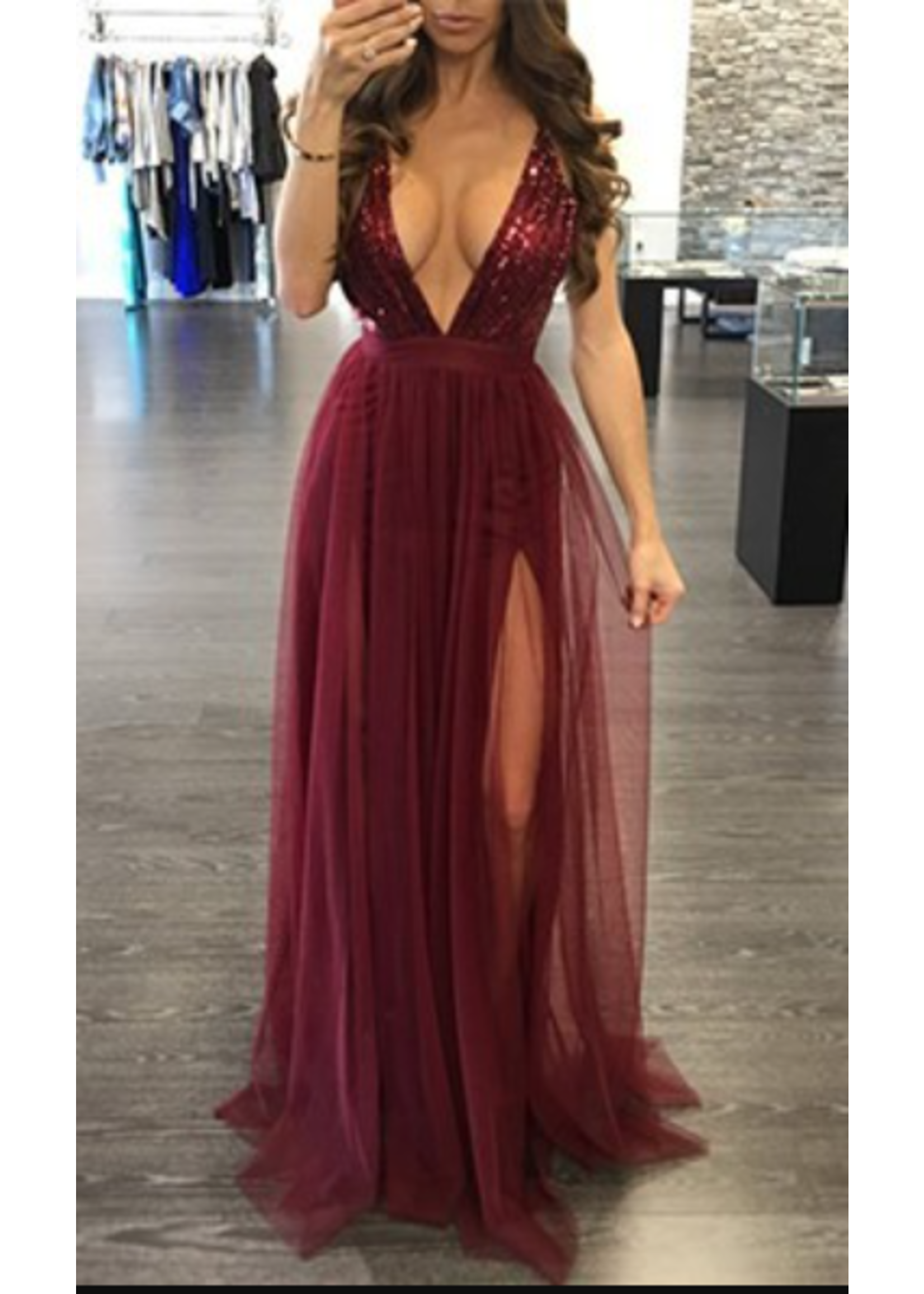 17YJL1040P - SEQUINT BUST BODICE GOWN WITH HIGH SLIT