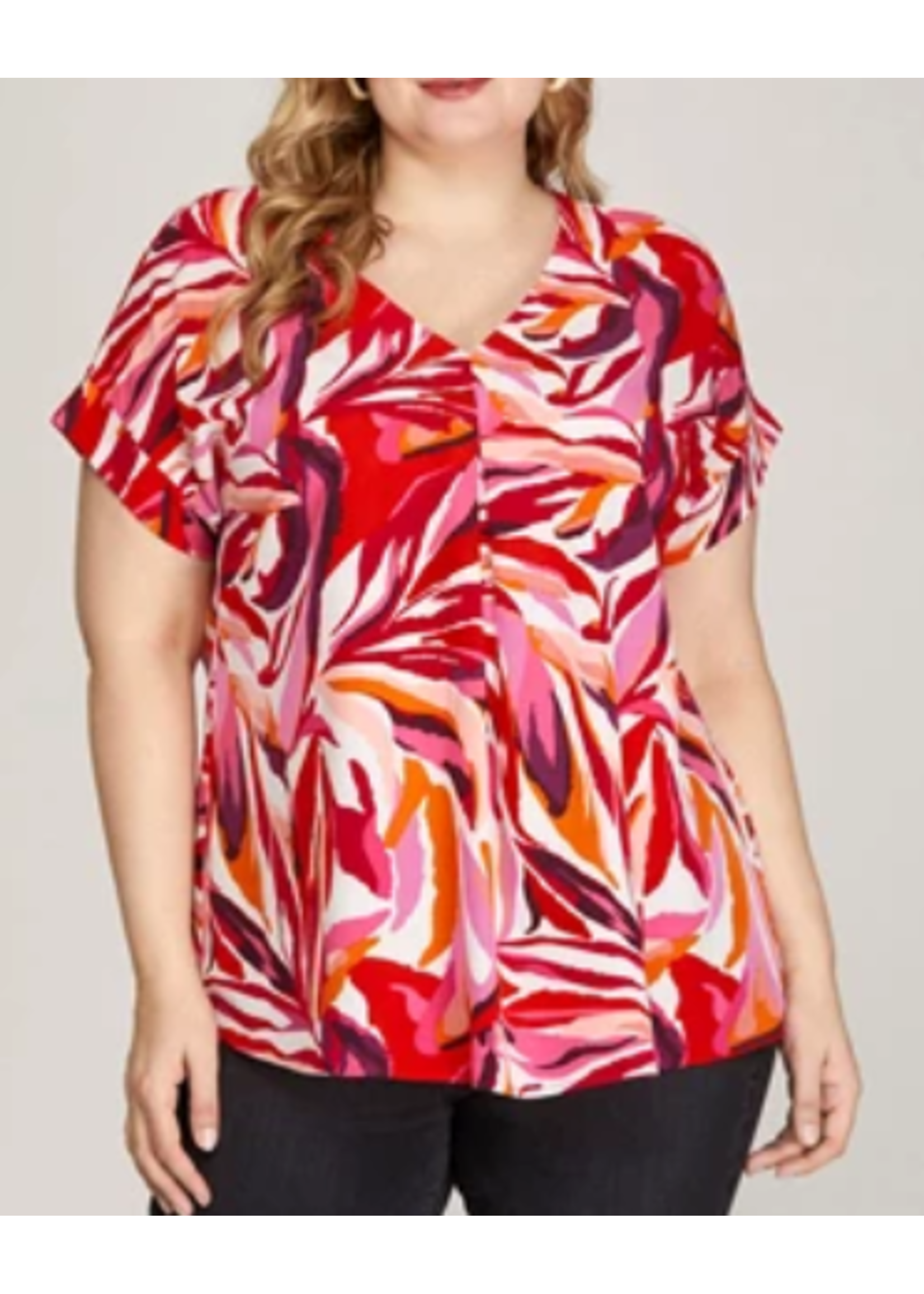 SSSPY6559 -DROP SHOULDER VNECK PRINT WOVEN TOP