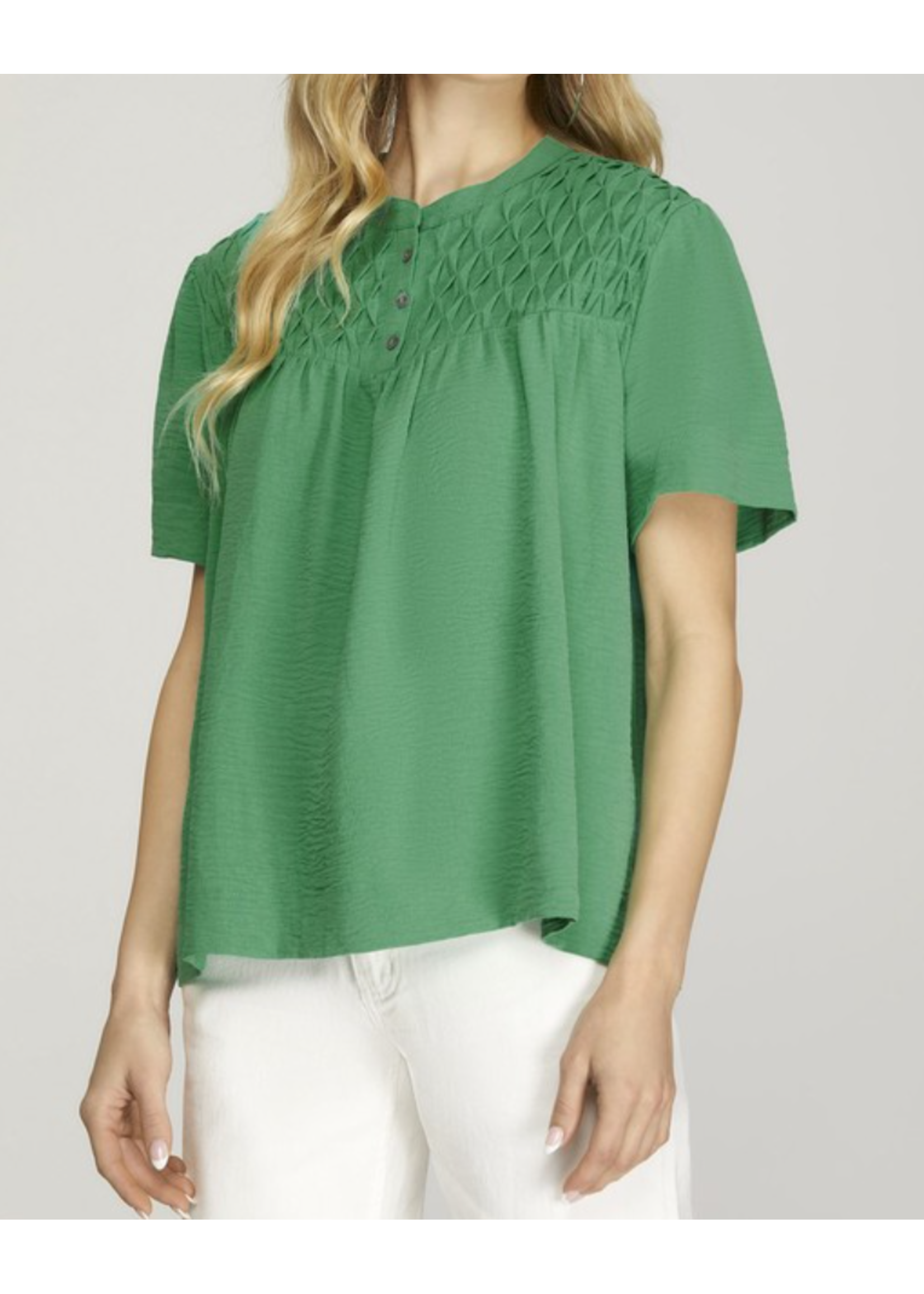 SSSY6559 - SHORT SLEEVE PINTUCK WOVEN TOP