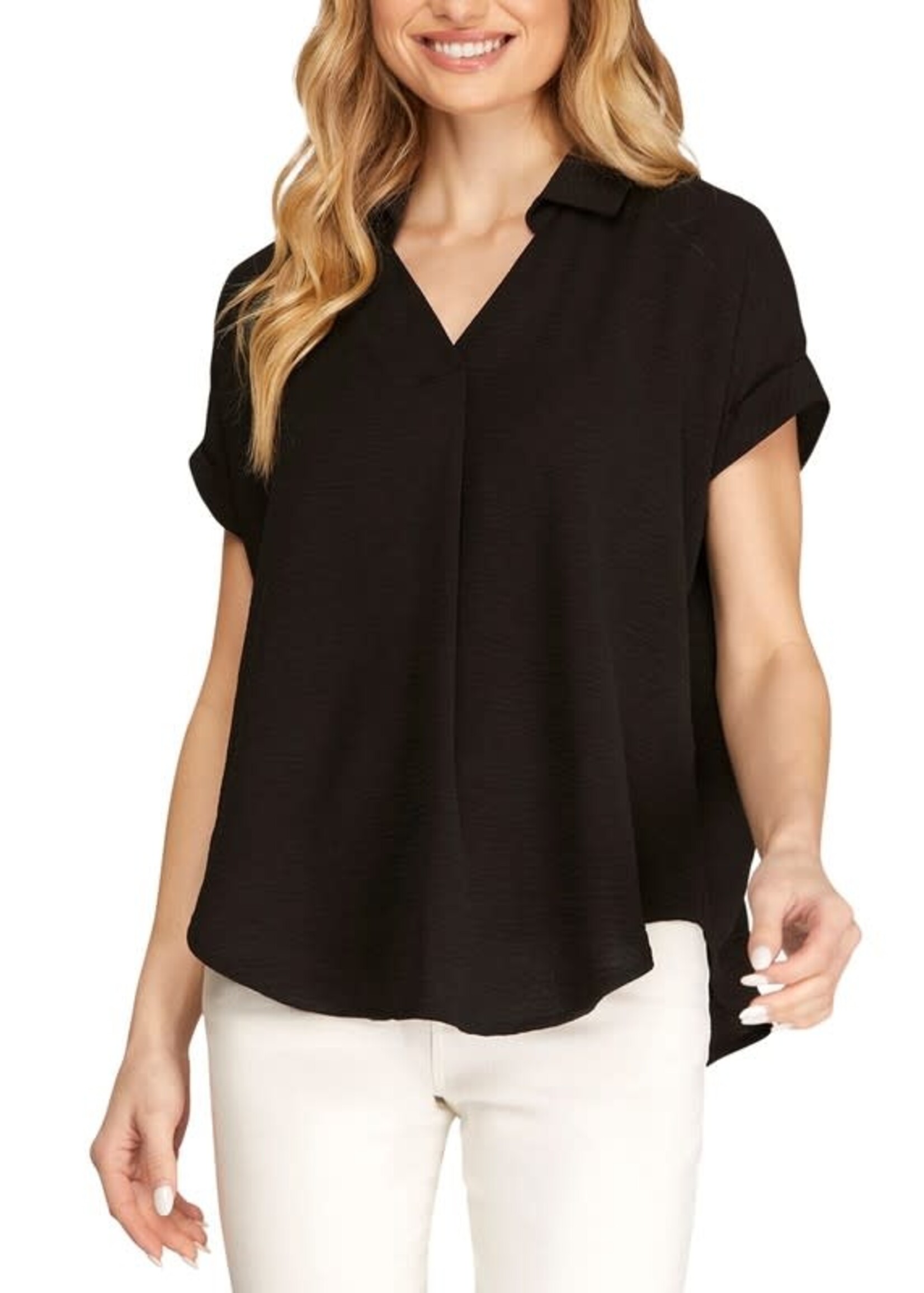 SY6489R - DROP SHOULDER COLLARED WOVEN TOP