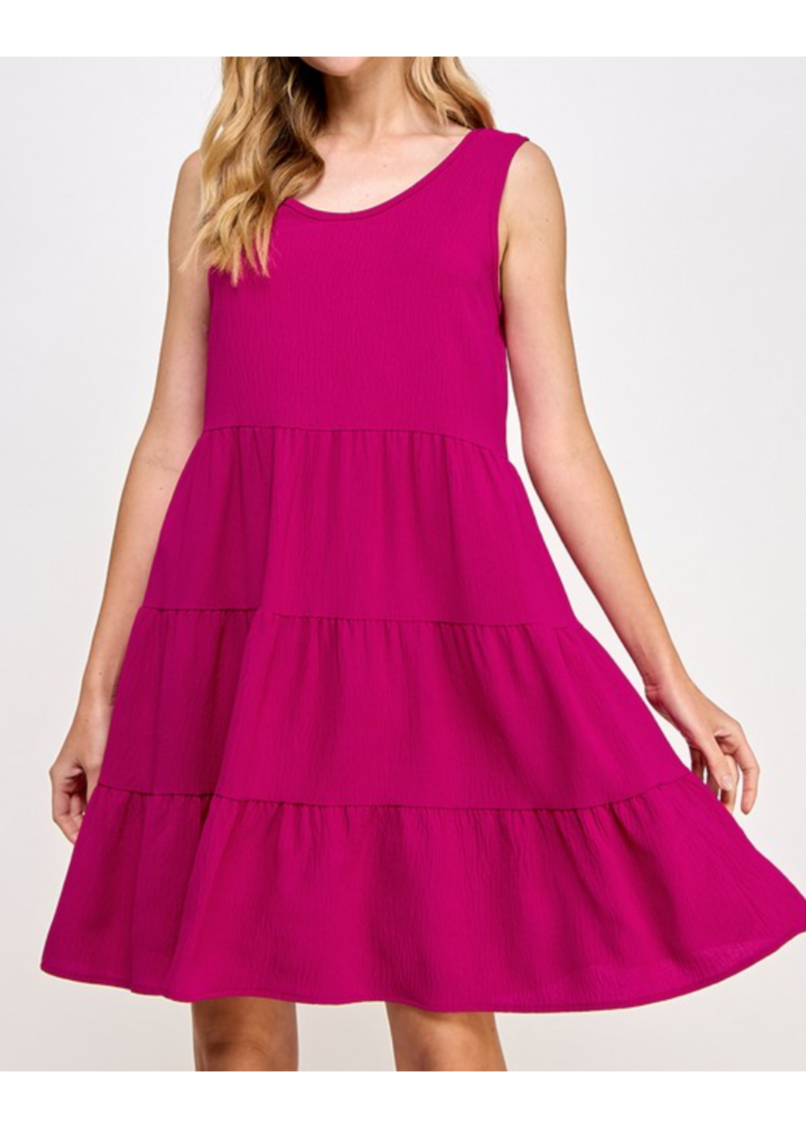 2HD3839 - SOLID TIERED SLEEVELESS DRESS W FRONT AND BACK SCOOP NECKLINE