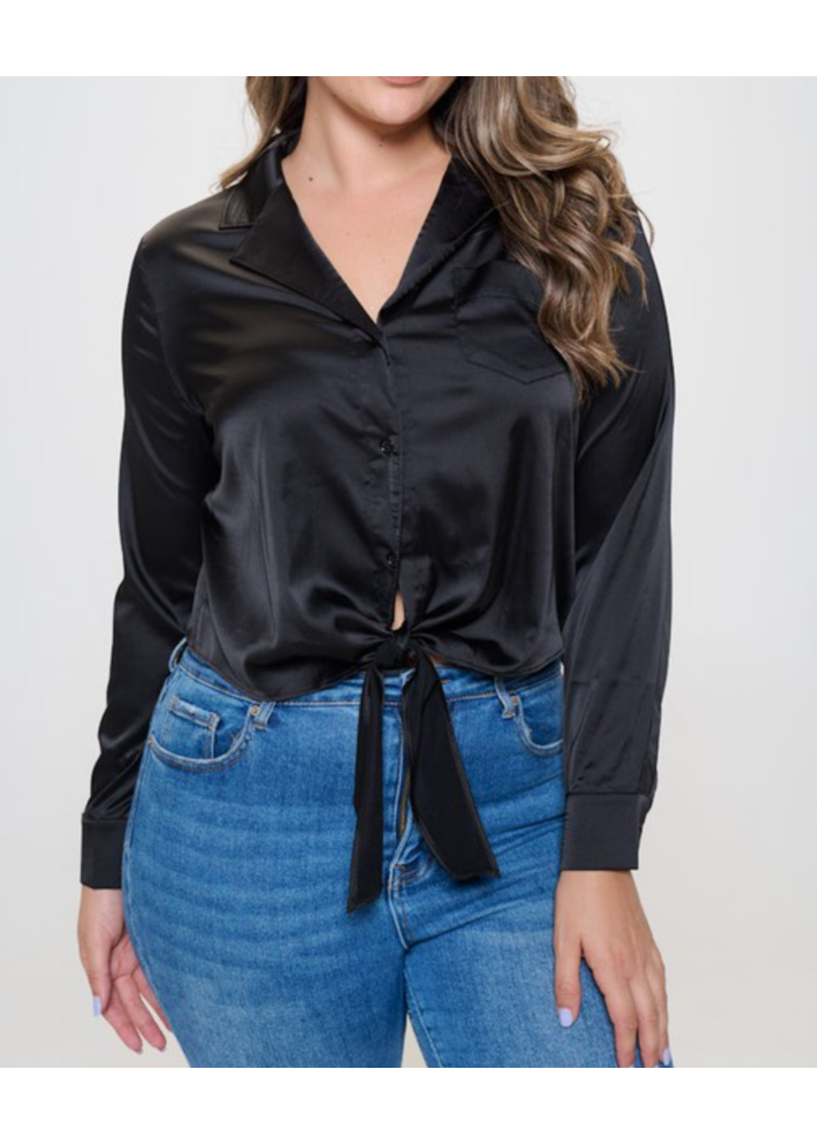 BJSTNBLS - Plus Satin Button Down Tie Front Long Sleeve Top