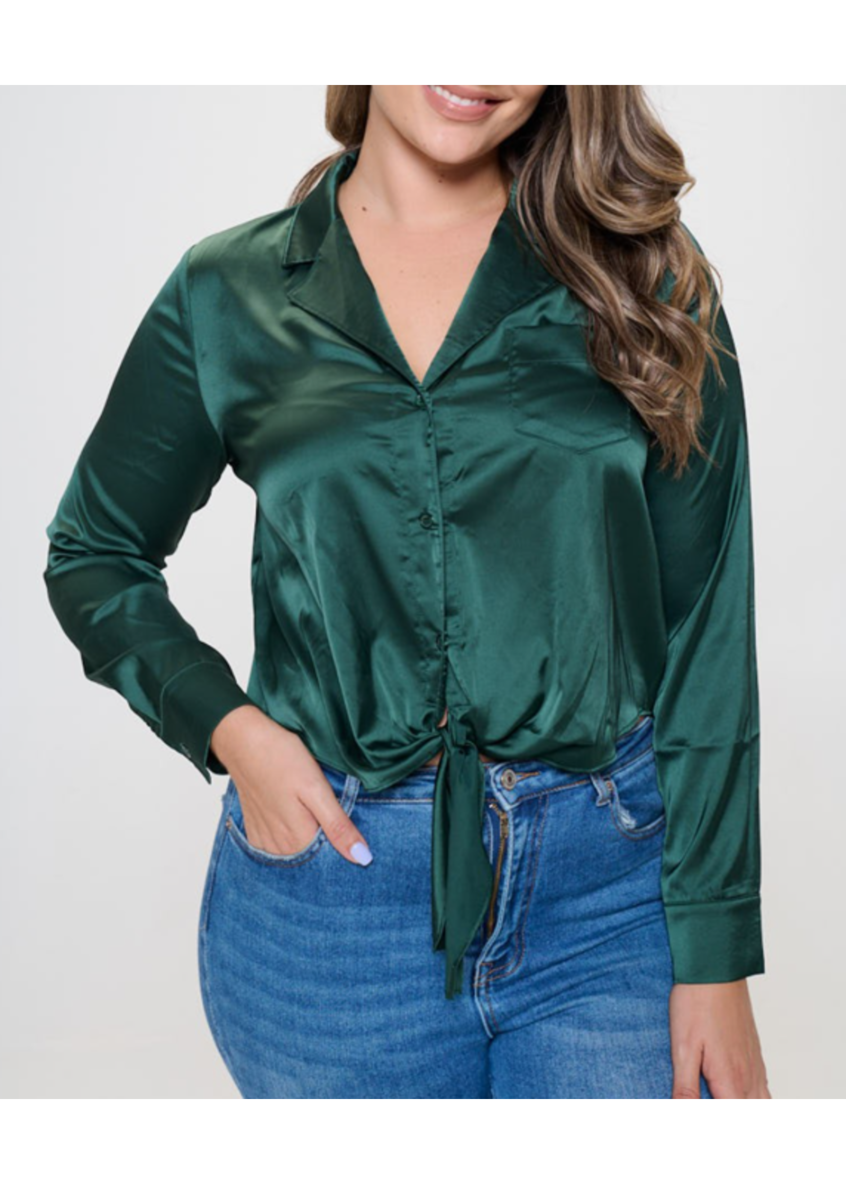 BJSTNBLS - Plus Satin Button Down Tie Front Long Sleeve Top