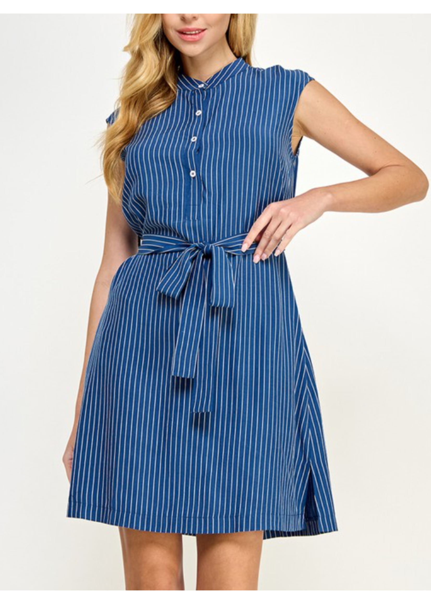 SNS2301 - MANDARIN COLLAR SLEEVELESS STRIPED DRESS