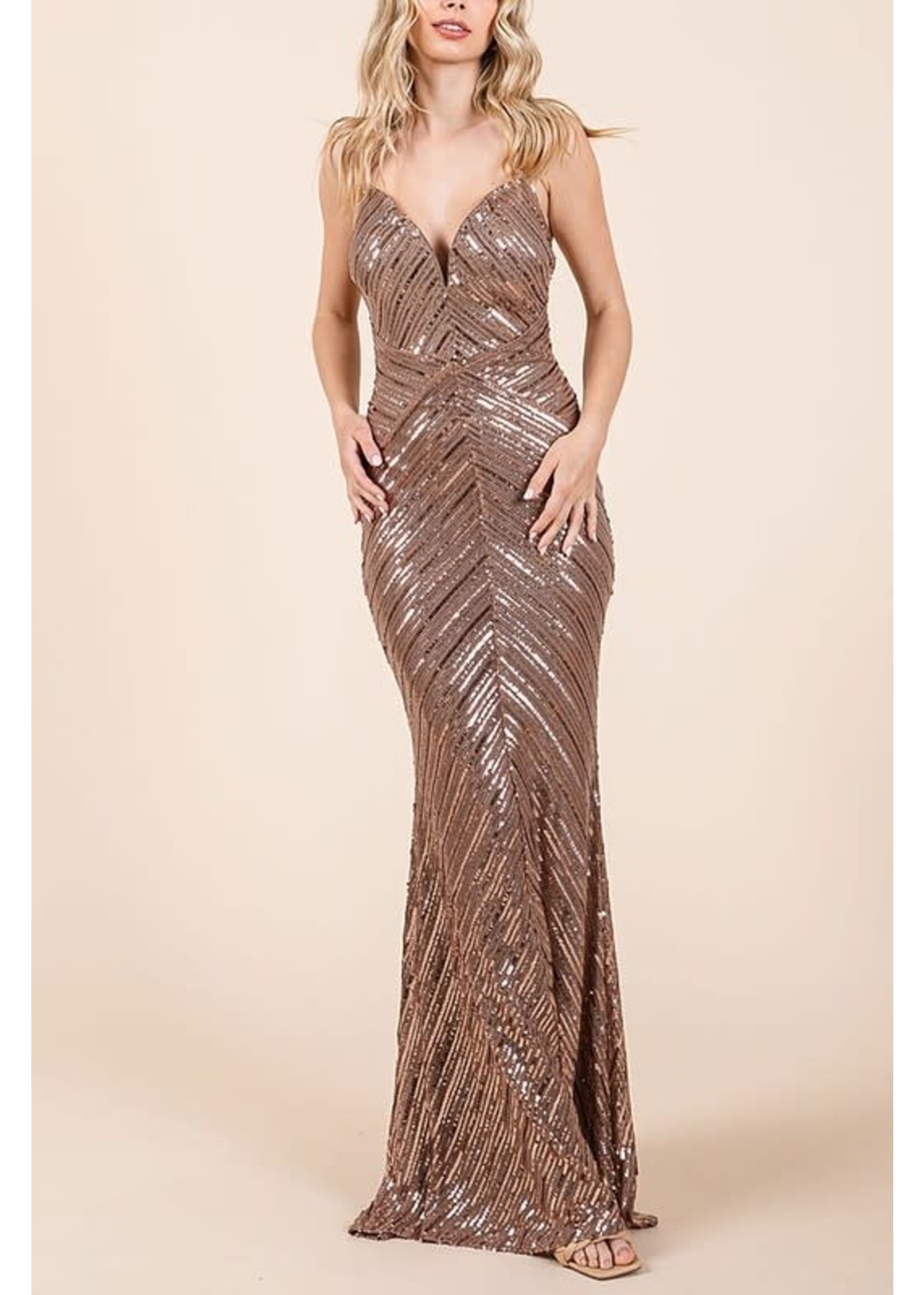 RURSH2206 - SEQUINNED SIT AND FLARE GOWN  W SPAGHETTI STRAP