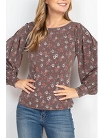 RURT3871 - BUBBLE SLEEVE FLORAL PRINT ROUND NECK TOP