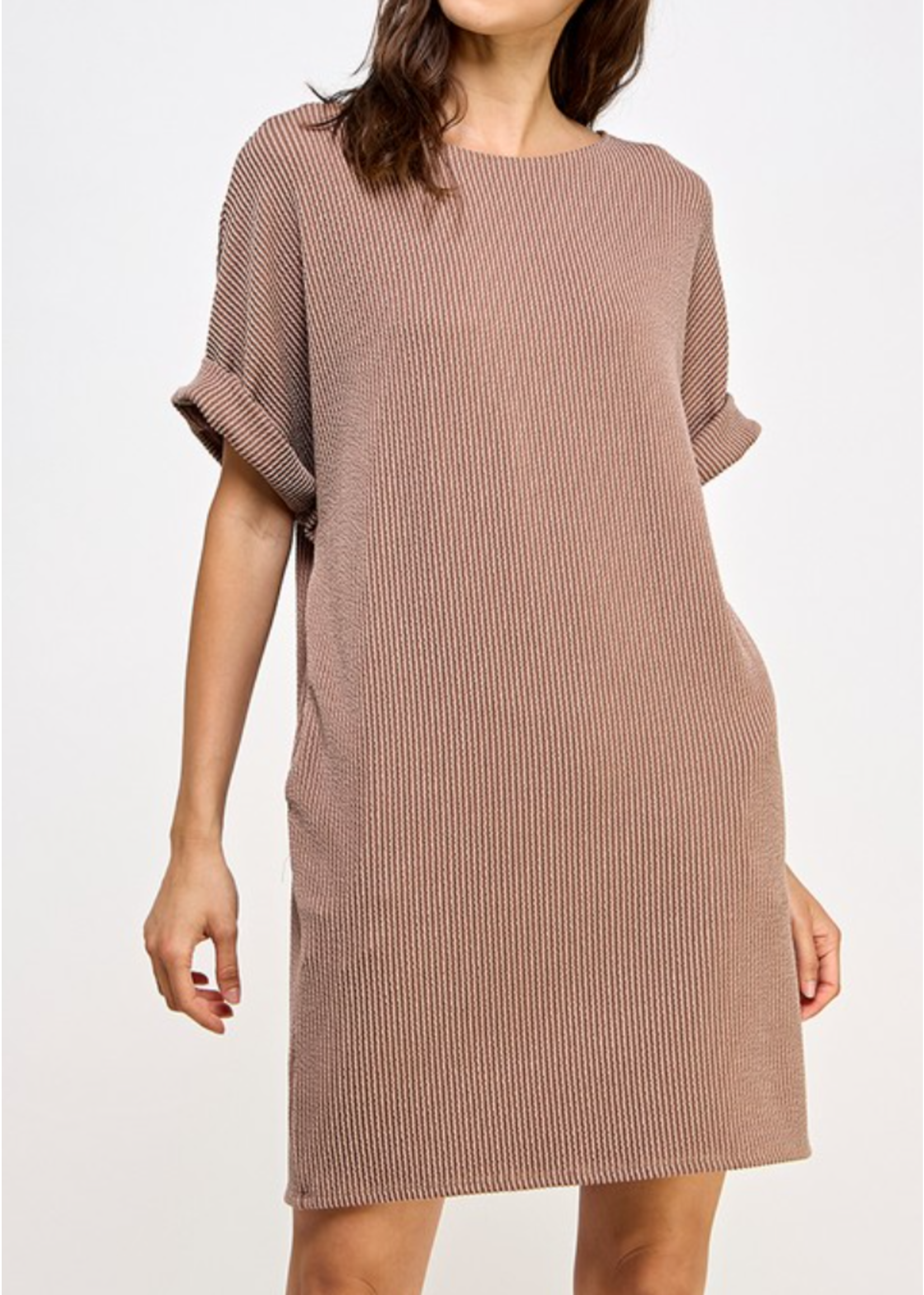 2HD4006 - RIB KNIT SHIFT W HIDDEN POCKETS AND CUFFED SLEEVE