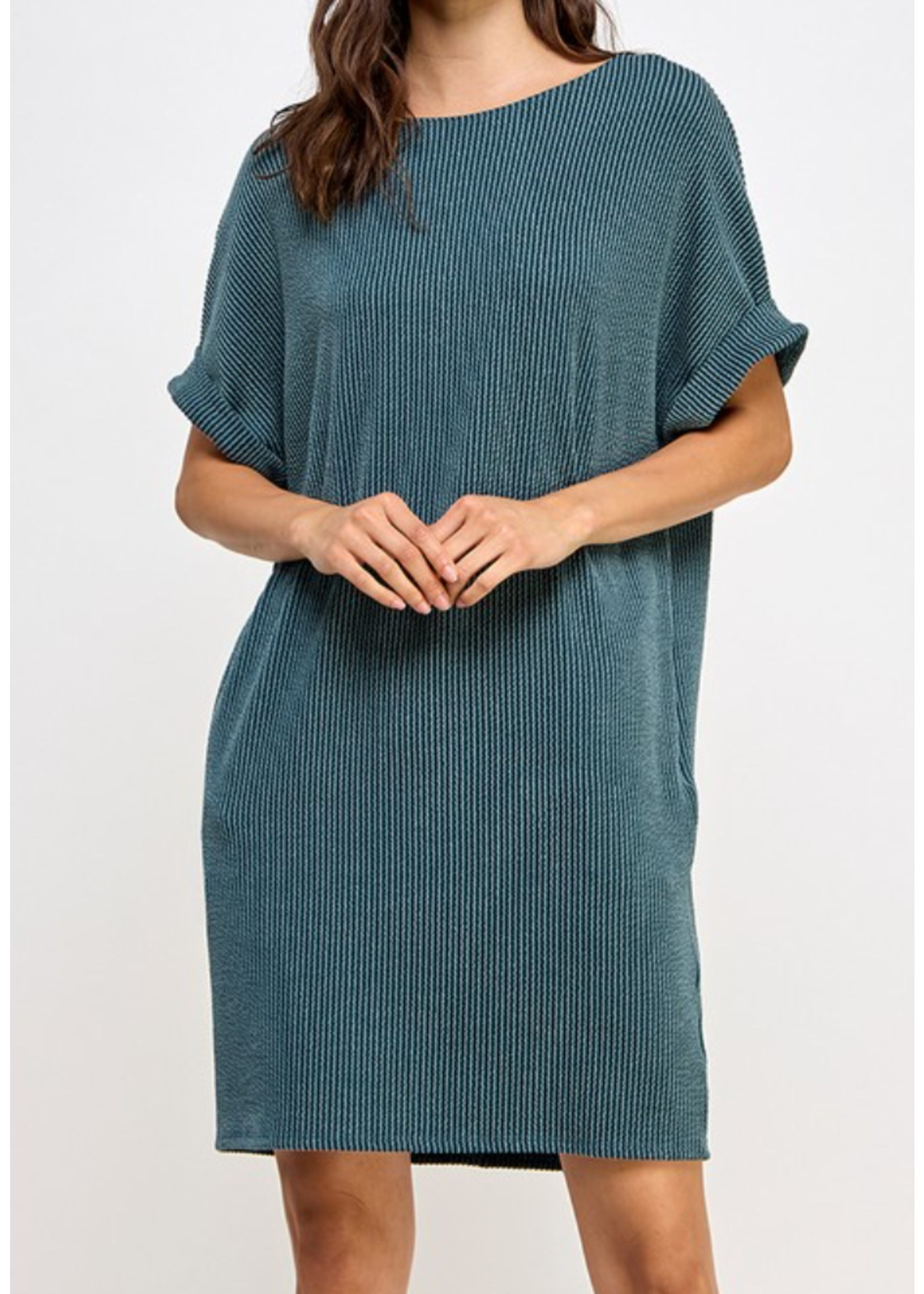 2HD4006 - RIB KNIT SHIFT W HIDDEN POCKETS AND CUFFED SLEEVE