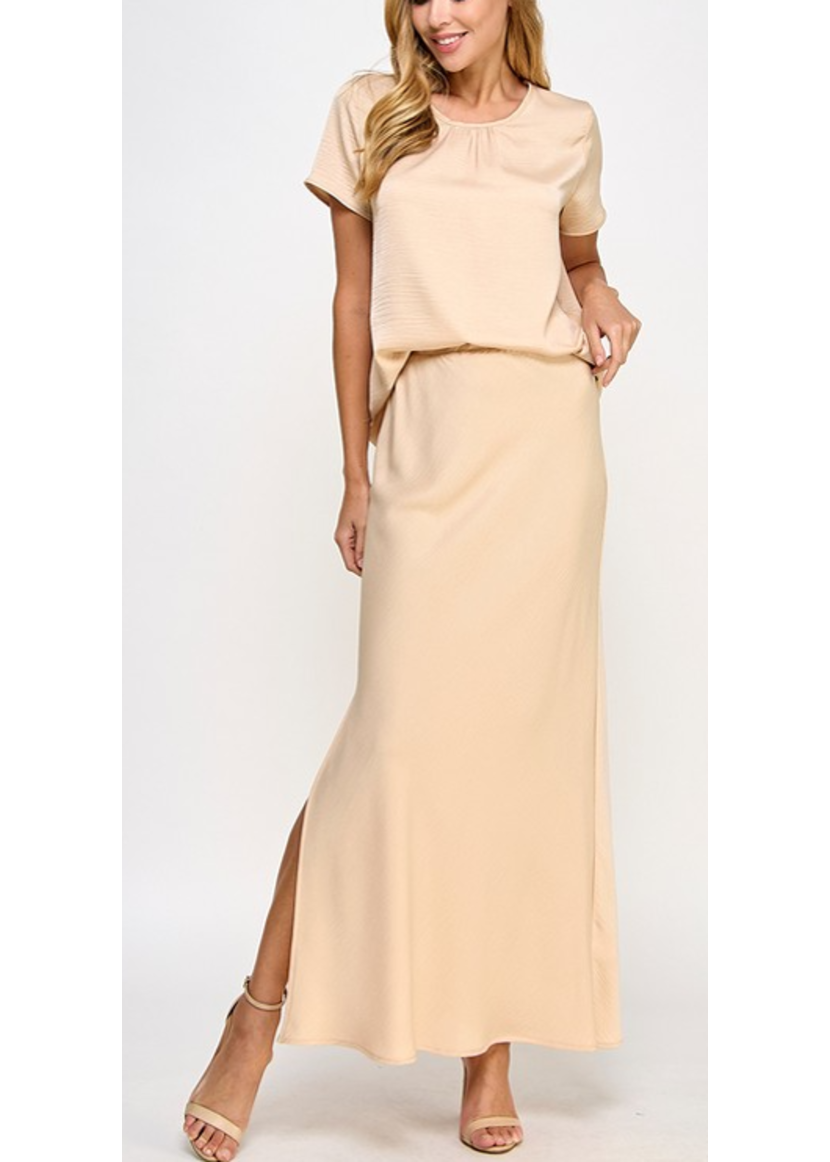 2HST4020 SATIN 2PC SKIRT SET W SHORT SLV BLOUSE HIGH WAIST SKIRT W SIDE SLIT BLUSH Guam
