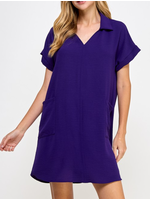 AAA2322 - Solid Collared  Shift Dress with Pockets