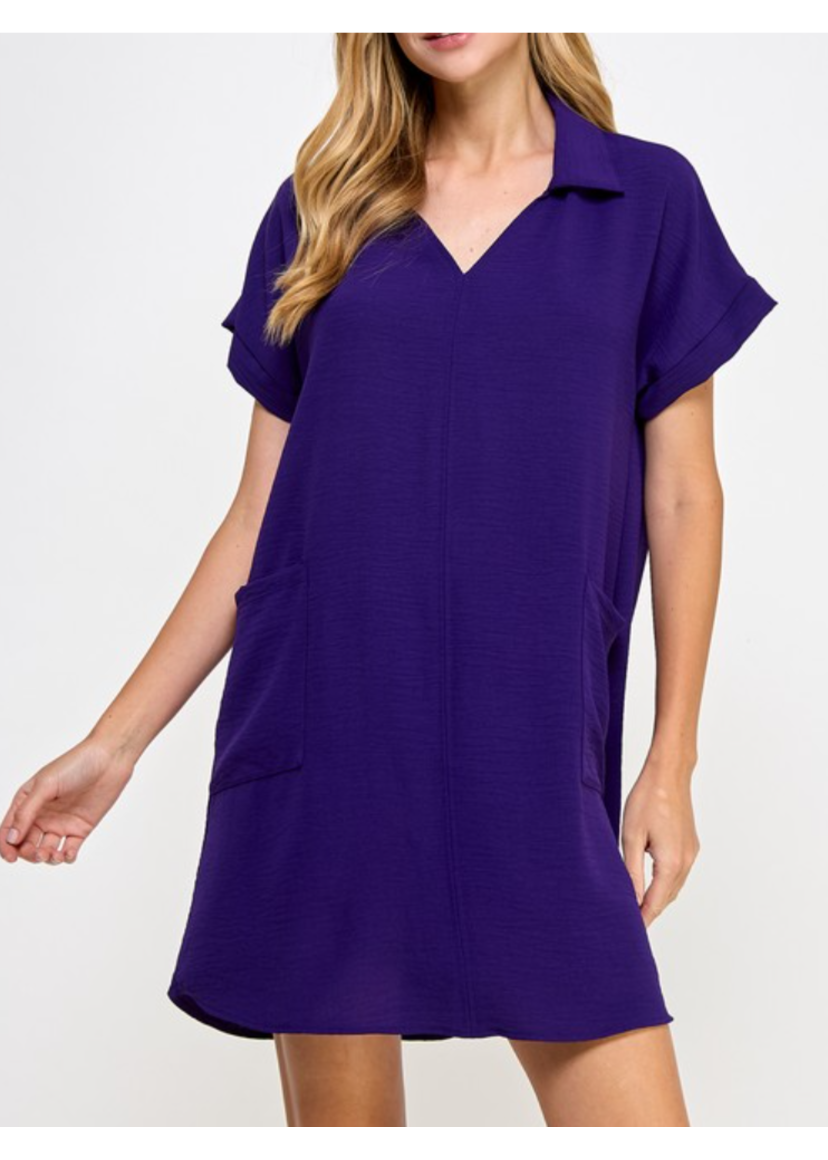 AAA2322 - Solid Collared  Shift Dress with Pockets