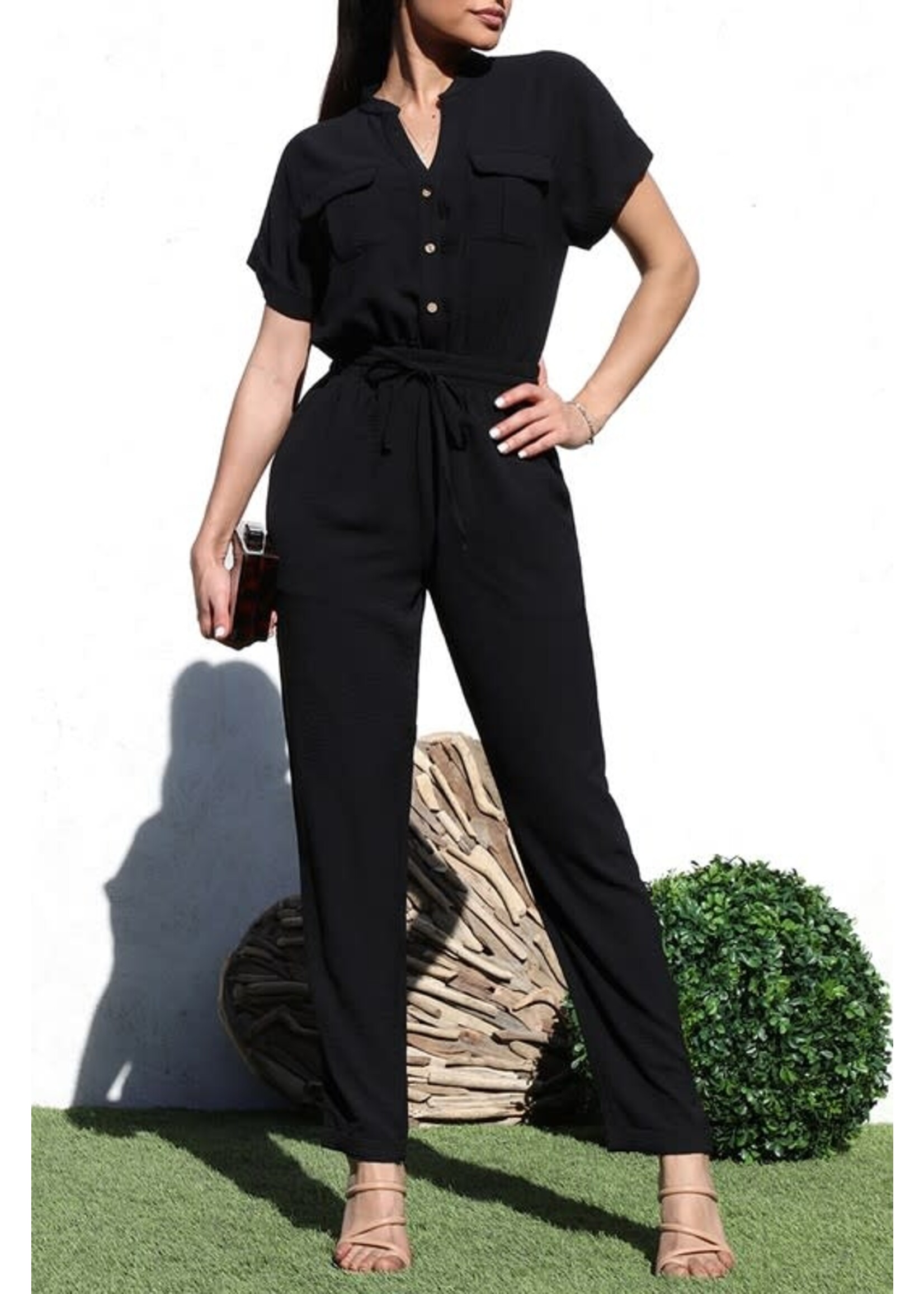 DDDD6120B - BUTTON DOWN WOVEN JUMPSUIT W ELASTIC WAIST BAND