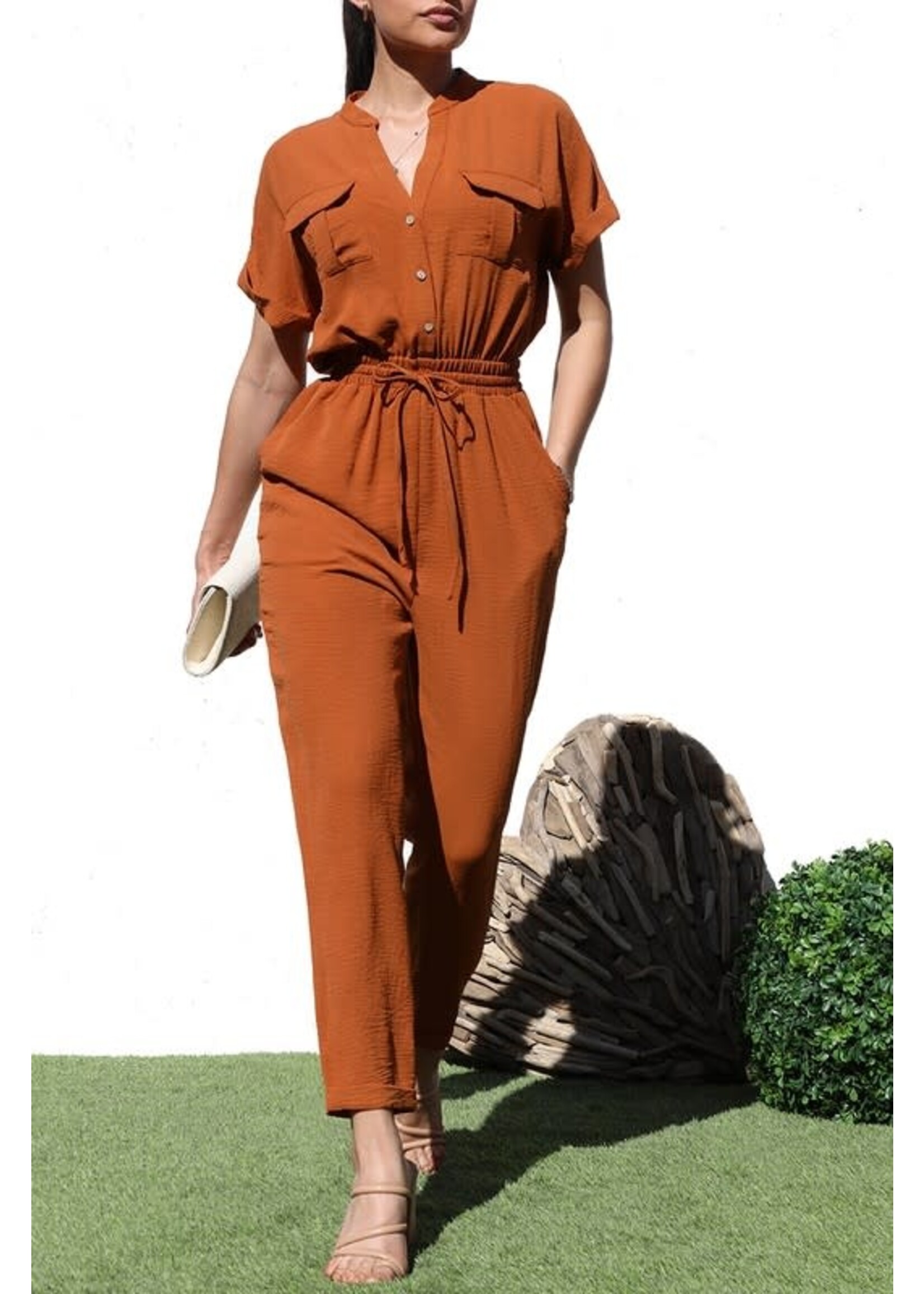 DDDD6120B - BUTTON DOWN WOVEN JUMPSUIT W ELASTIC WAIST BAND