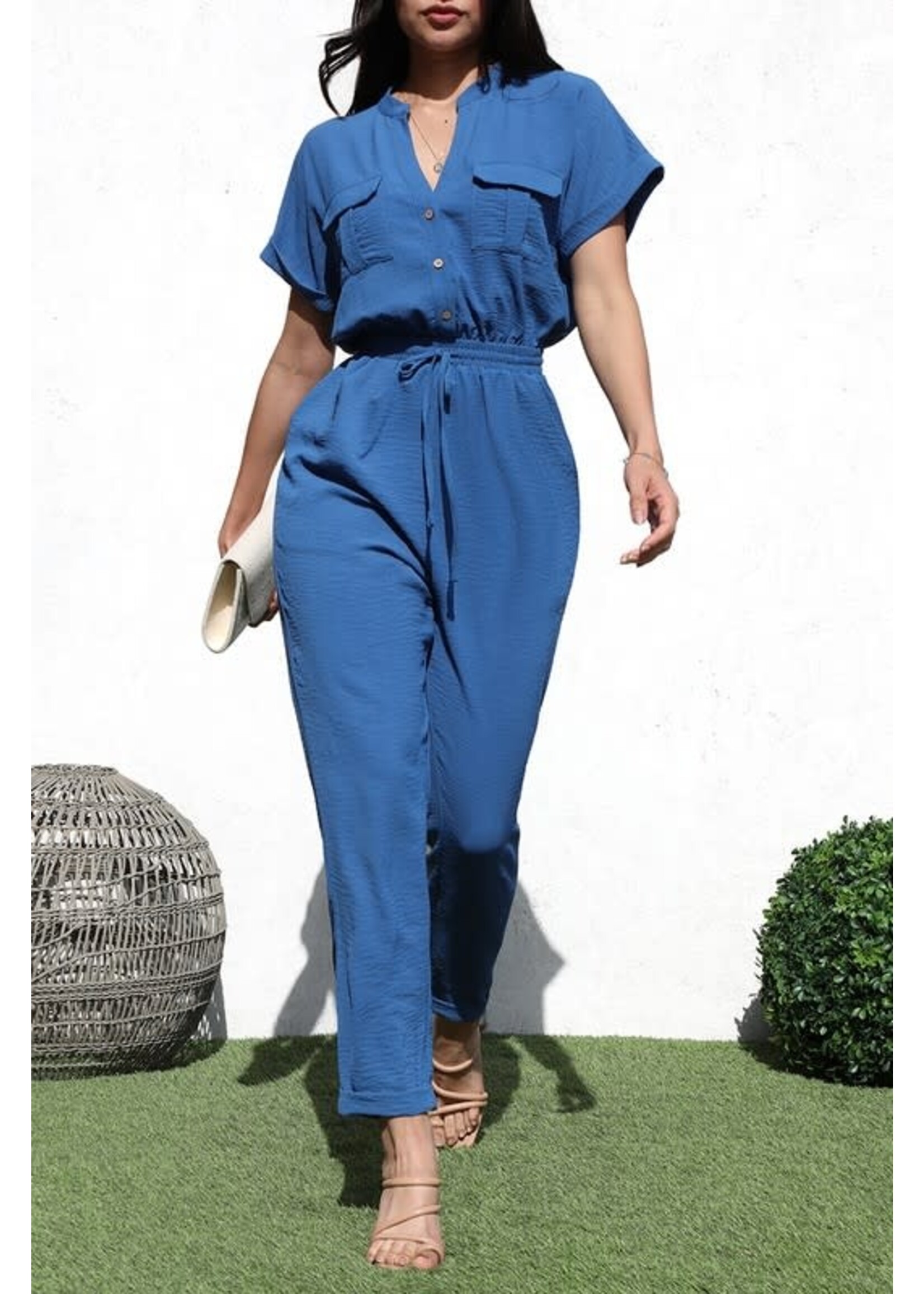 DDDD6120B - BUTTON DOWN WOVEN JUMPSUIT W ELASTIC WAIST BAND