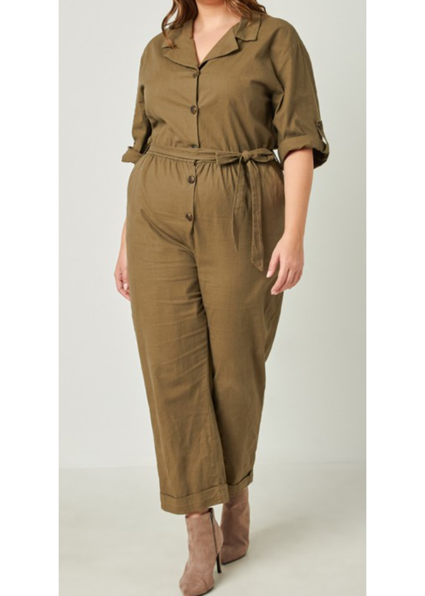 HAHN4292W - Plus Rolled Sleeve Collared Jumpsuit with Belt