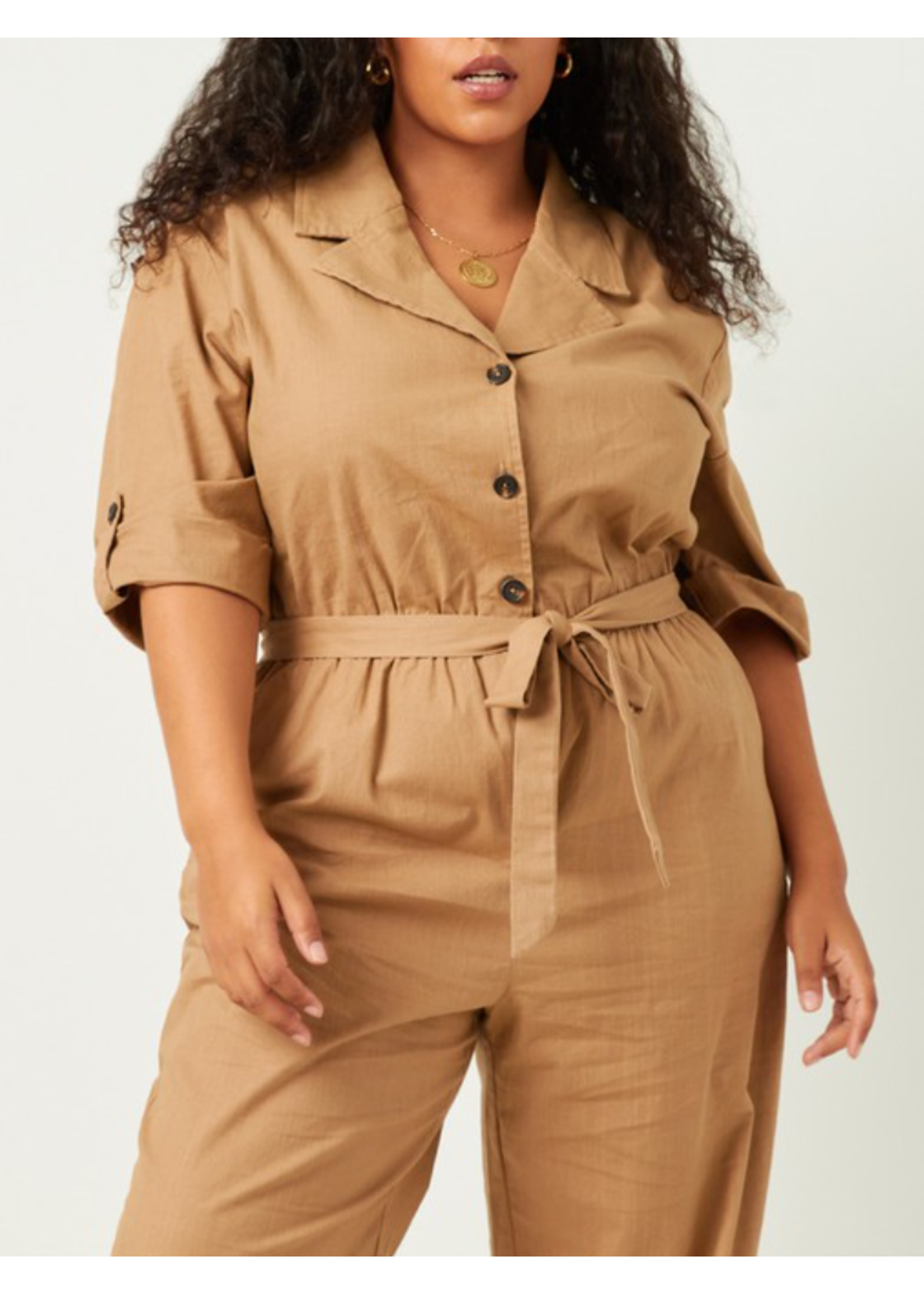 HAHN4292W - Plus Rolled Sleeve Collared Jumpsuit with Belt