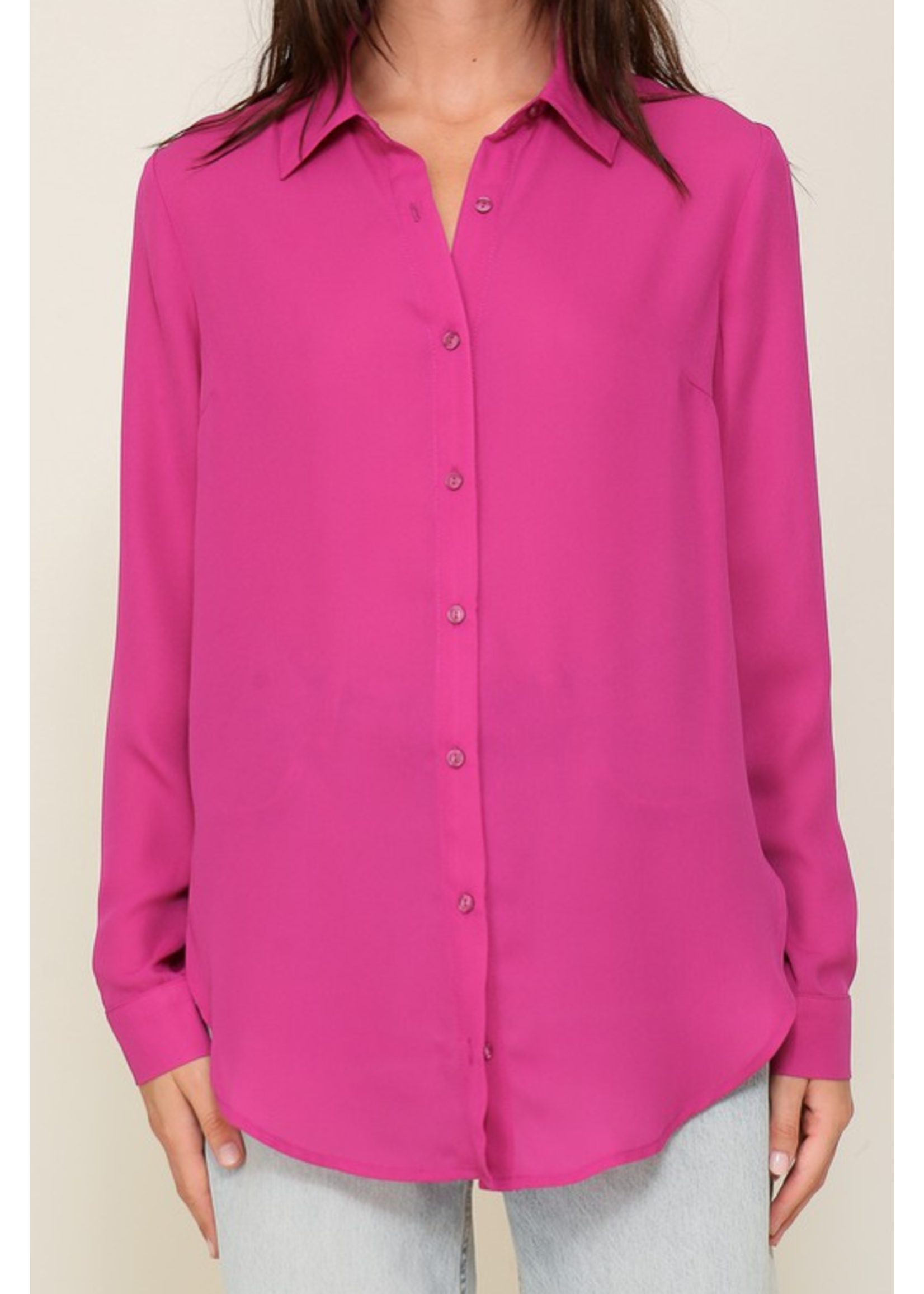 TGWN9519 - LONG SLEEVE BUTTON DOWN CHIFFON OVERSIZED BLOUSE W SIDE SLIT