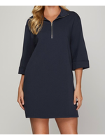 SSSY7725 - SHORT SLEEVE HALF ZIP SCUBA KNIT DRESS W POCKETS