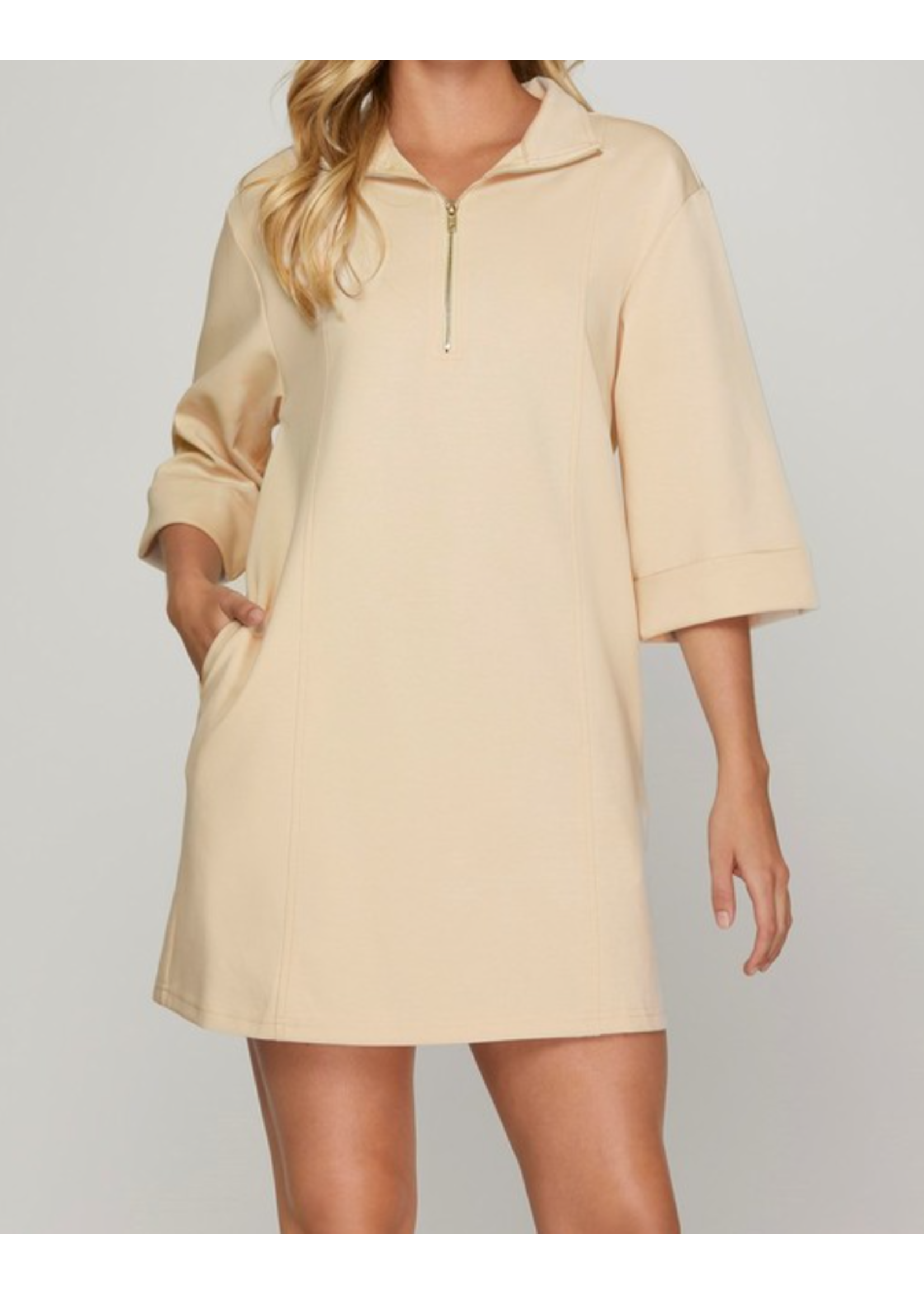 SSSY7725 - SHORT SLEEVE HALF ZIP SCUBA KNIT DRESS W POCKETS