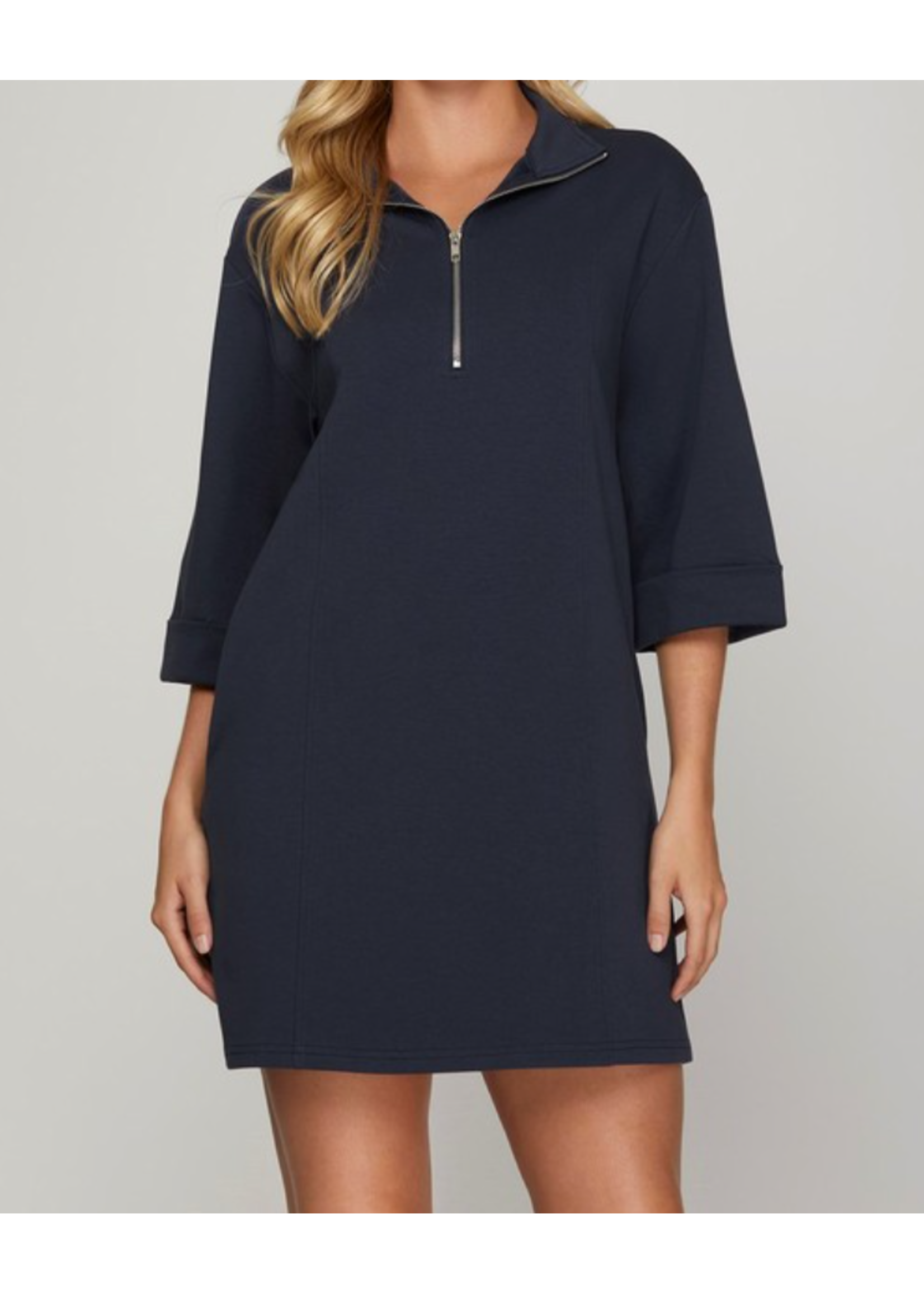 SSSY7725 - SHORT SLEEVE HALF ZIP SCUBA KNIT DRESS W POCKETS