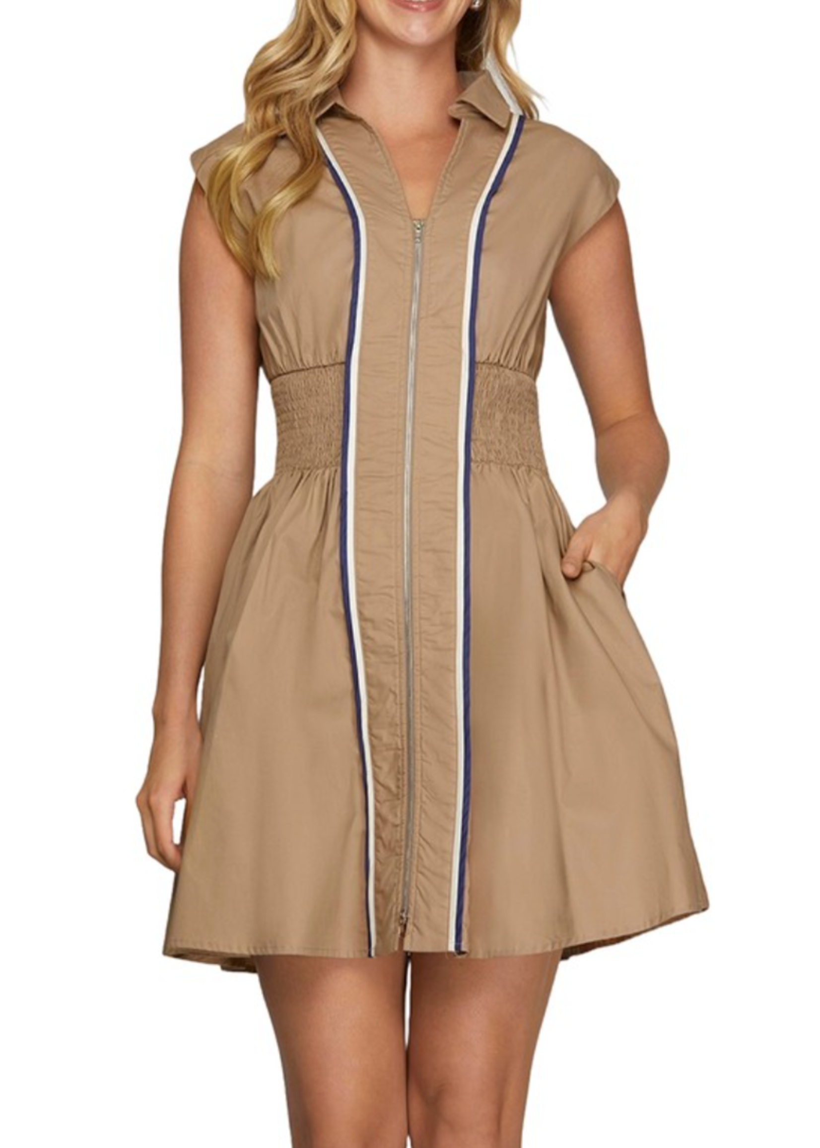 SSSY8156 - DROP SHOULDER SMOCKED WAIST W FRONT ZIP UP AND CONTRAST PIPING