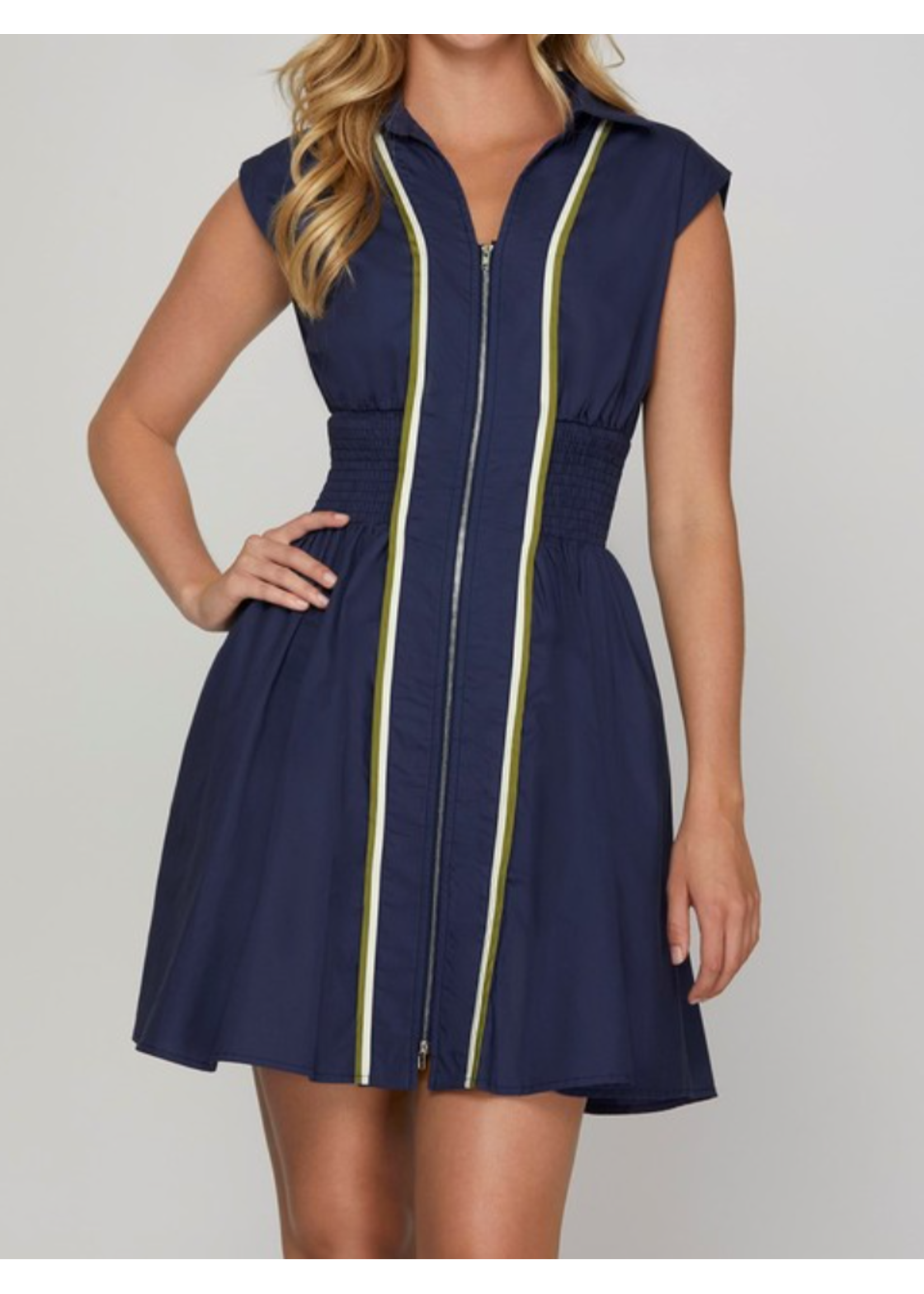 SSSY8156 - DROP SHOULDER SMOCKED WAIST W FRONT ZIP UP AND CONTRAST PIPING