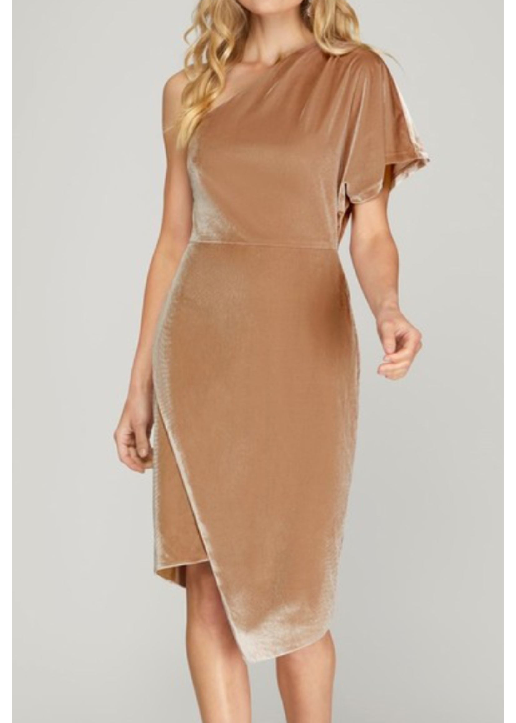 SSSY7505 - ONE SHOULDER DROP SLEEVE VELVET DRESS W WRAP SKIRT