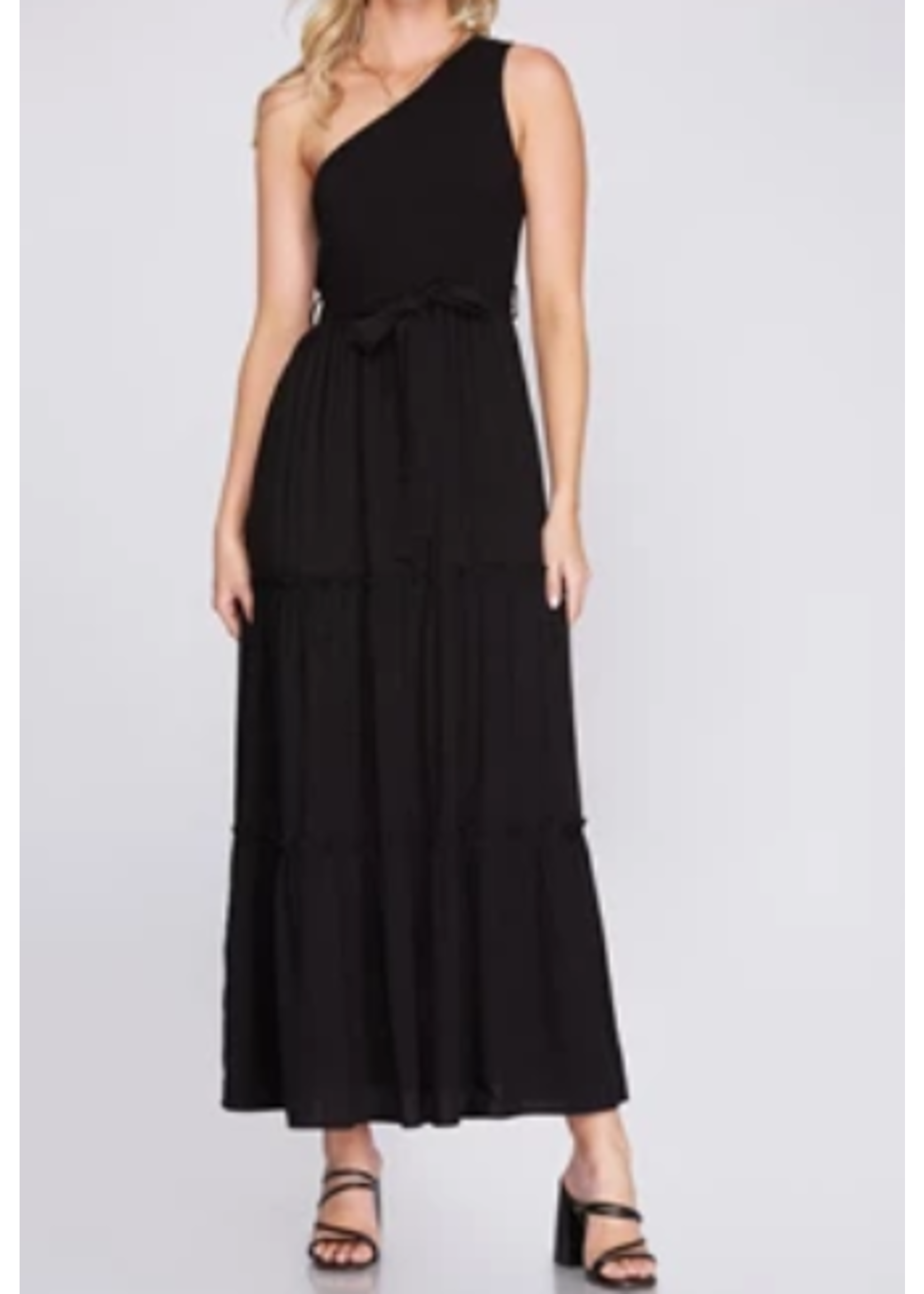 SSSY1692 - SLEEVELESS ONE SHOULDER SMOCKED WOVEN TIERED DRESS