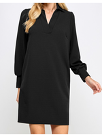 2HD4033 - SOLID COLLARED V NECK SHIFT DRESS