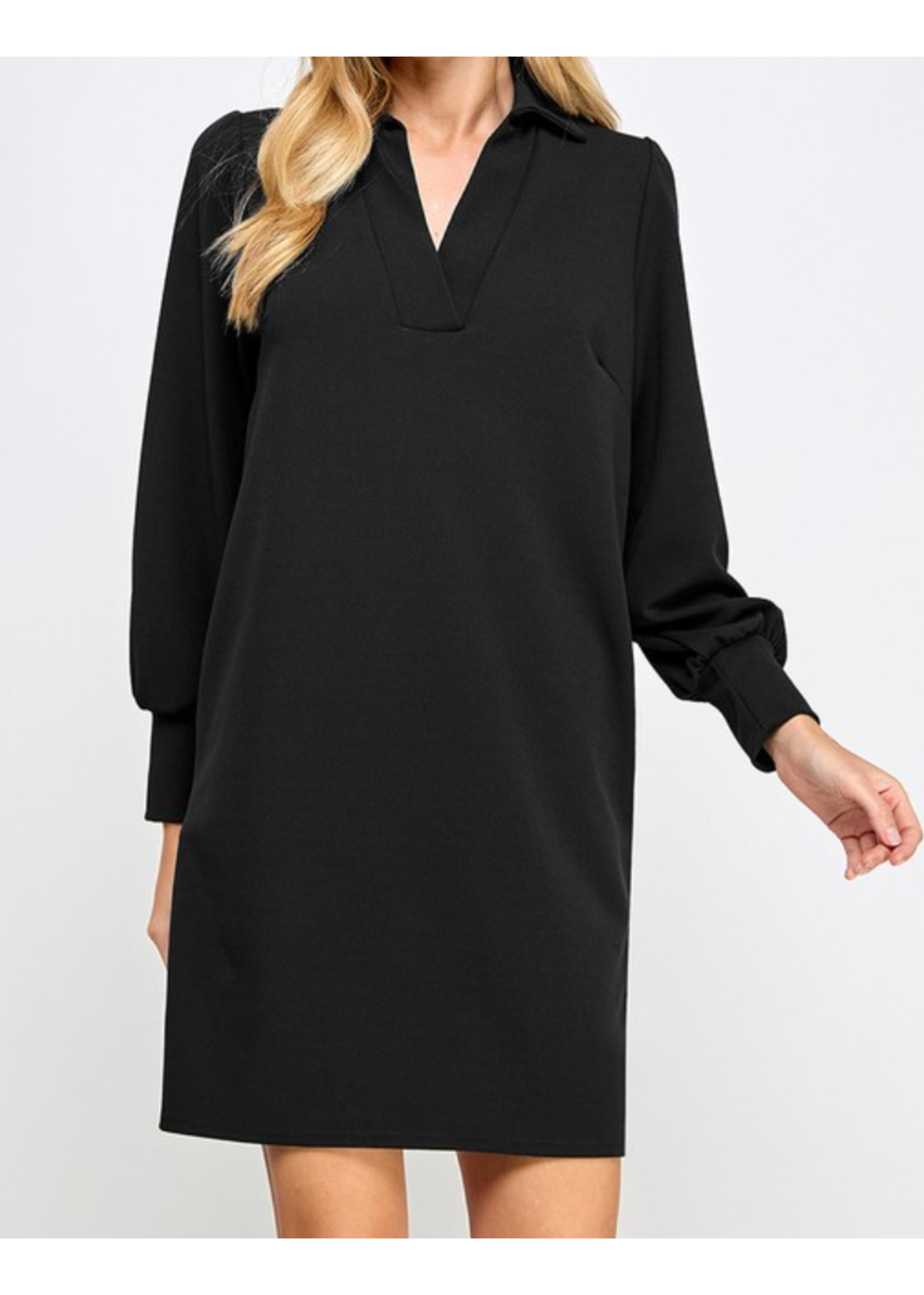 2HD4033 - SOLID COLLARED V NECK SHIFT DRESS