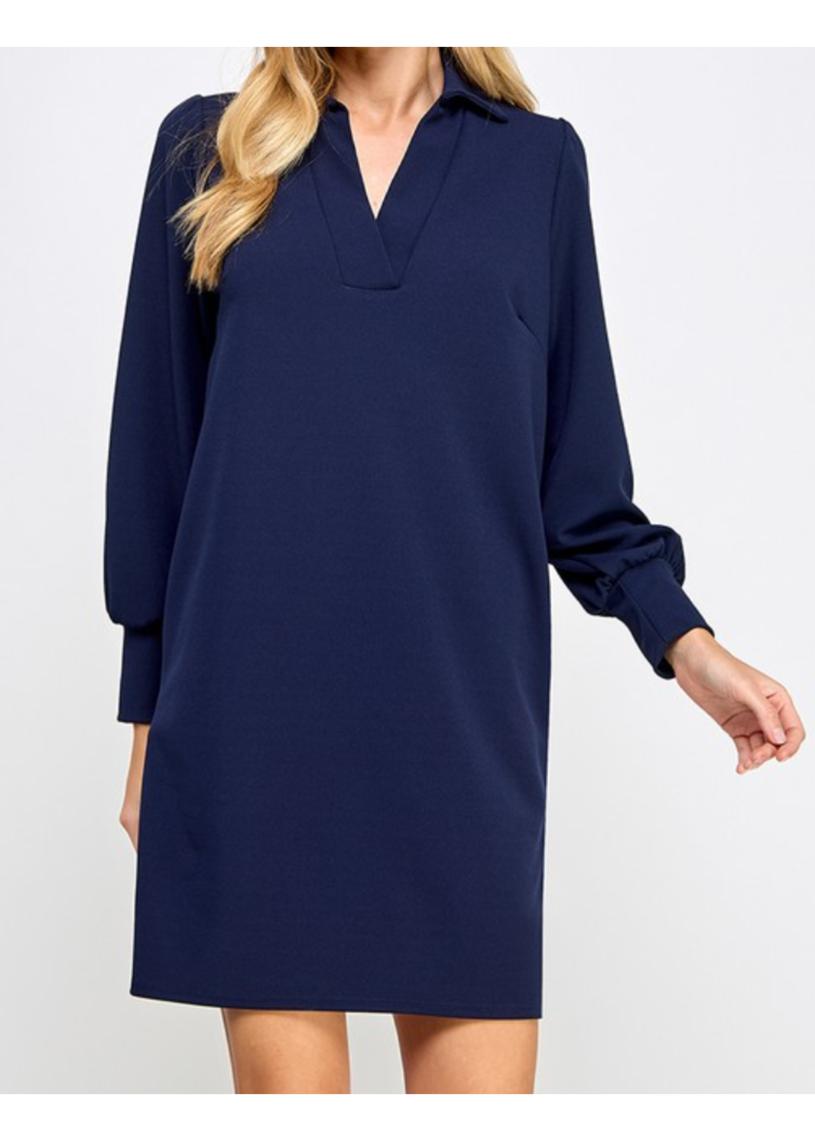 2HD4033 - SOLID COLLARED V NECK SHIFT DRESS