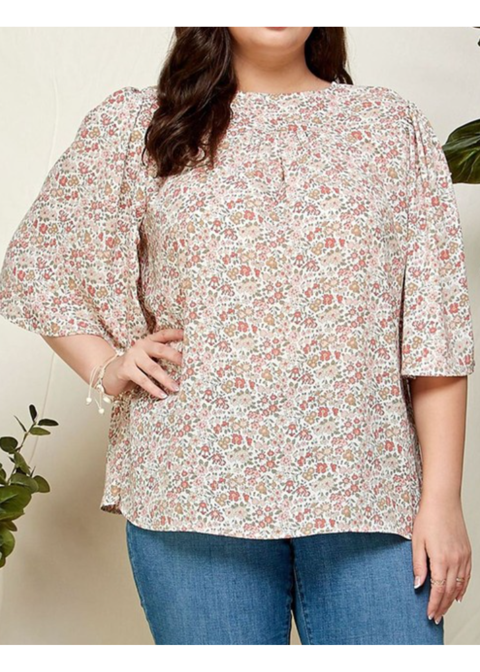 SLST4030 - PLUS NECK BUTTON RUFFLED SLEEVES SHIRRING TUNIC