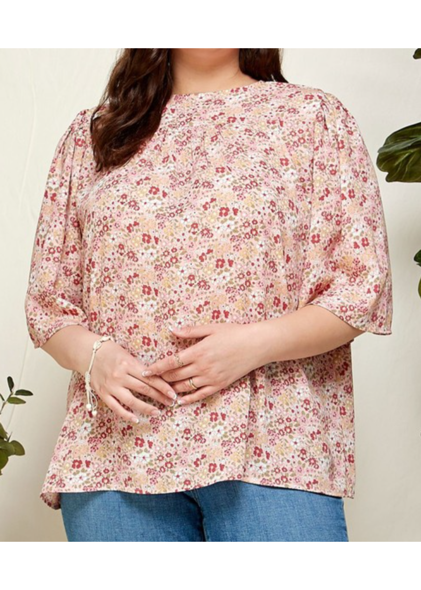 SLST4030 - PLUS NECK BUTTON RUFFLED SLEEVES SHIRRING TUNIC